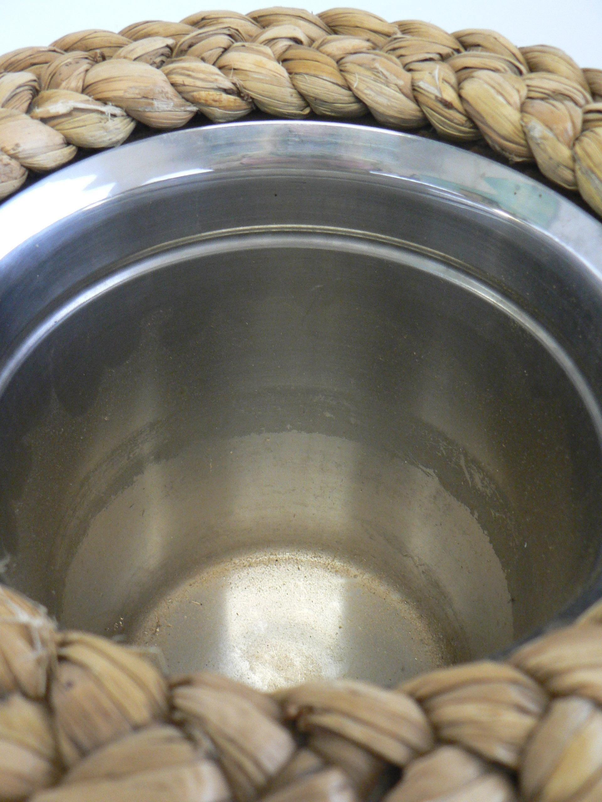 Stainless Steel Champagne Bucket with Sisal Woven Exterior by Audoux and Minet France 1950 For Sale