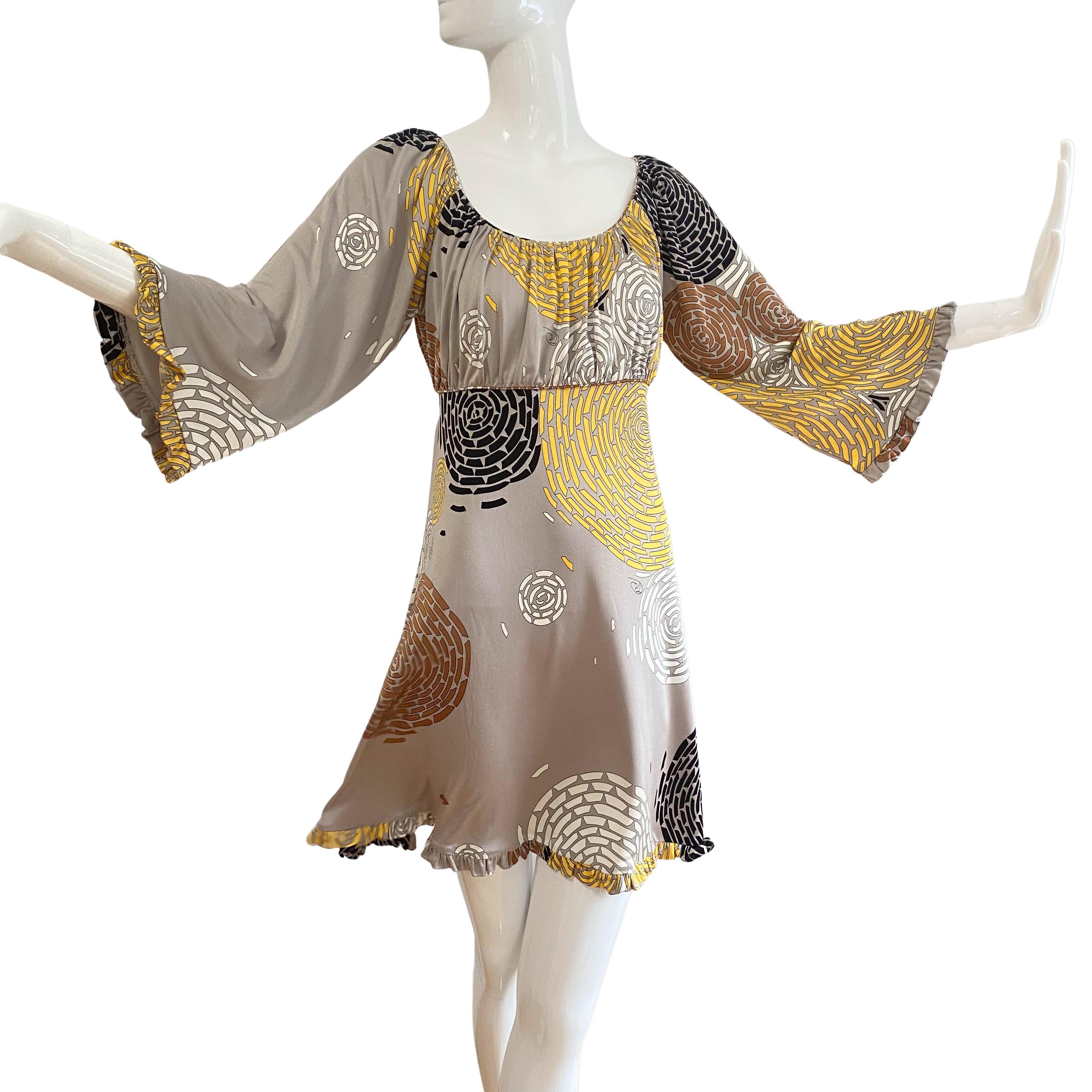  Champagne color Boho Abstract Floral Mini Silk Dress - NWT FLORA KUNG  In New Condition For Sale In Boston, MA