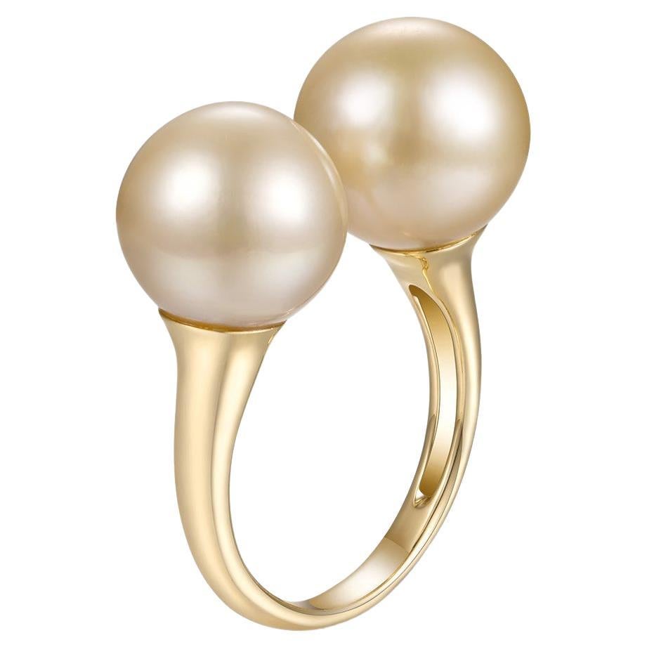 Champagne Color Double Pearl Ring in 14 Karat Yellow Gold For Sale