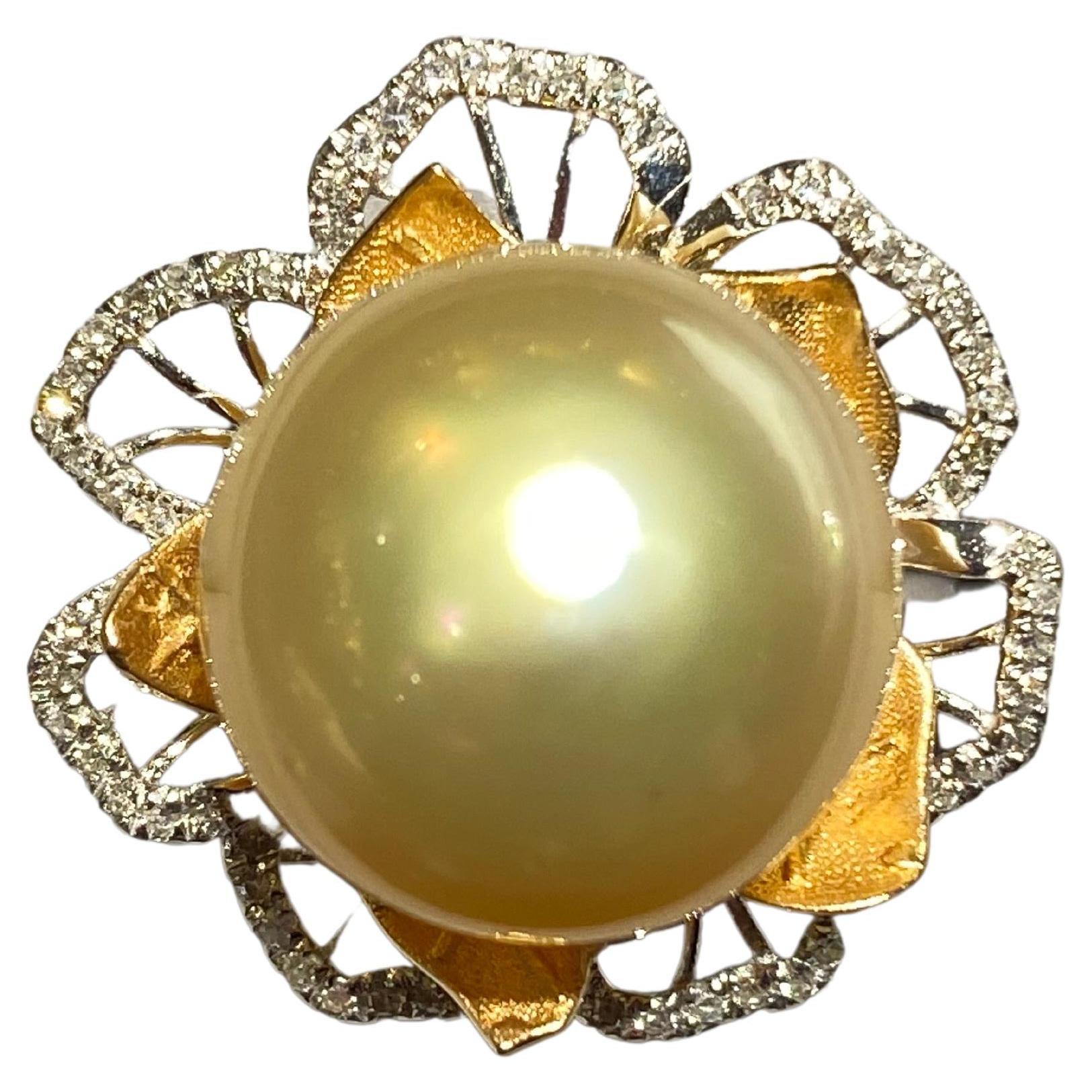 South Sea Pearl and Diamond Platinum and 18 Karat Yellow Gold Ring ...