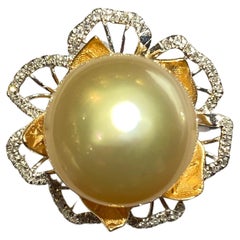 Champagne Colour South Sea Pearl and Diamond Ring in 18k Yellow and White Gold