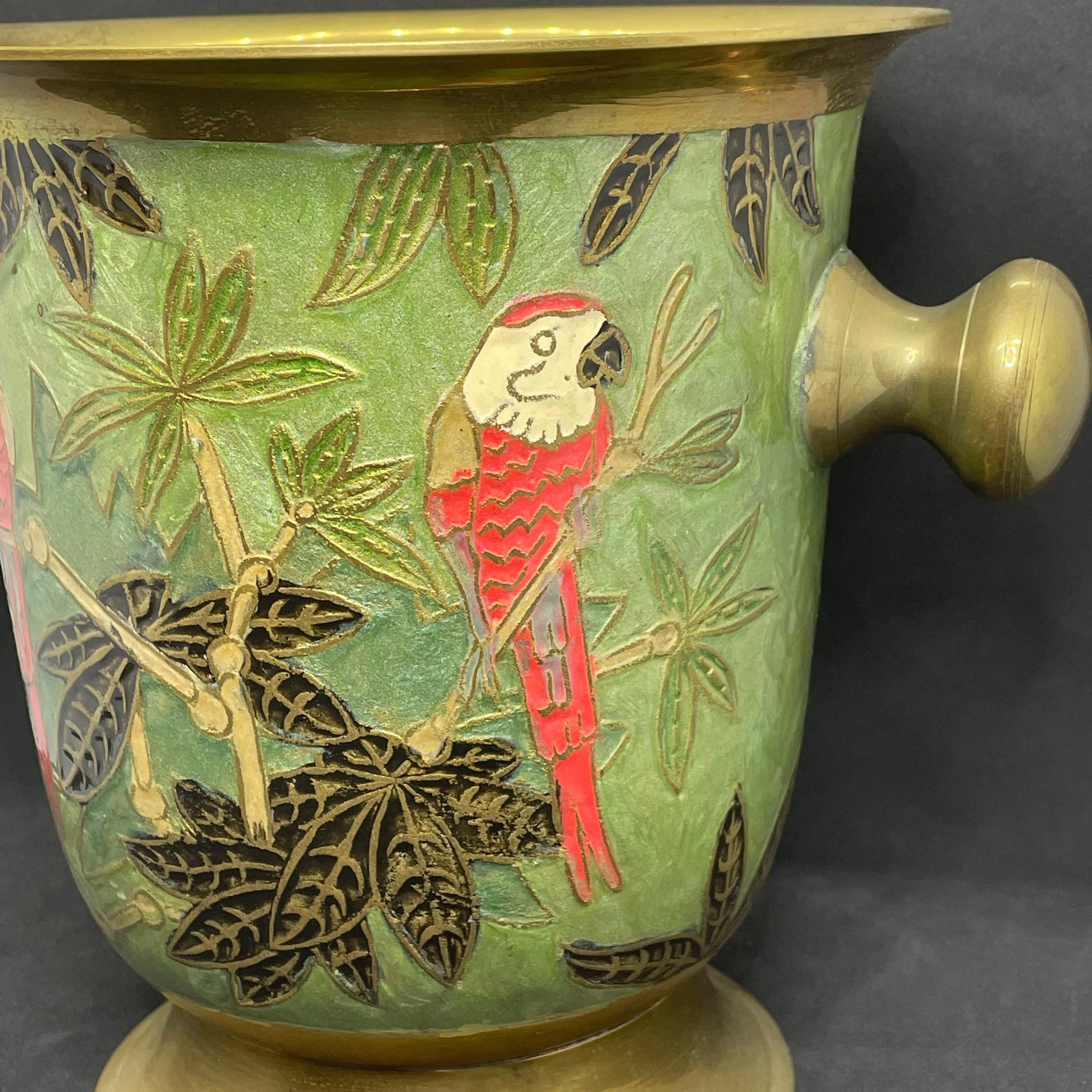 Mid-Century Modern Champagne Cooler Ice Bucket Cloisonne Brass with Parrots, Germany, 1960s