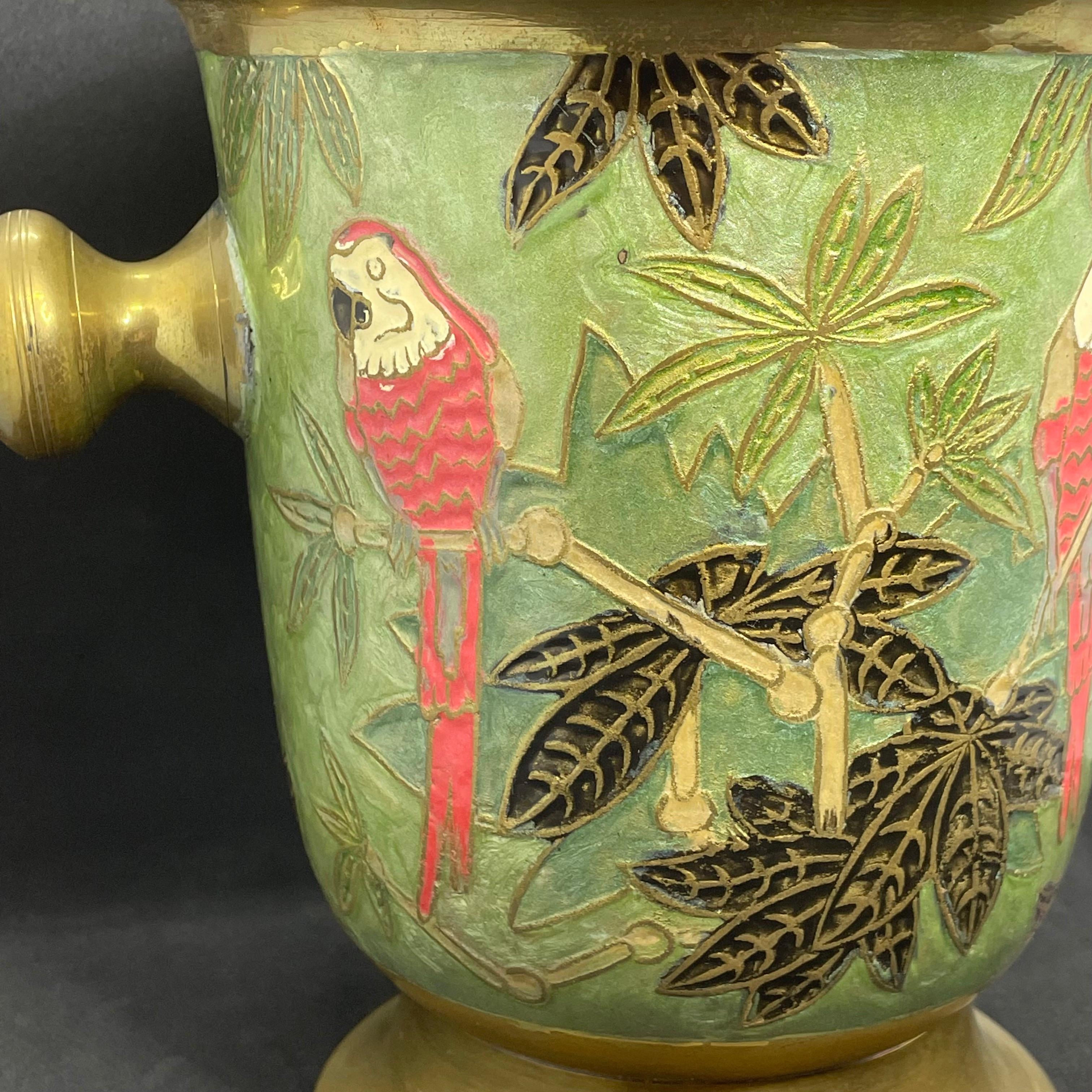 Cloissoné Champagne Cooler Ice Bucket Cloisonne Brass with Parrots, Germany, 1960s