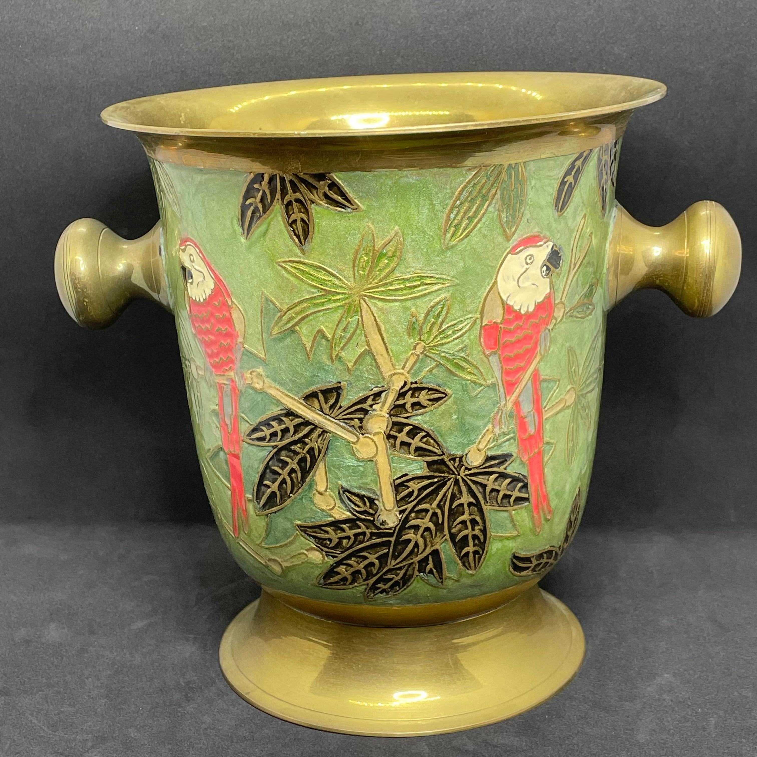 Champagne Cooler Ice Bucket Cloisonne Brass with Parrots, Germany, 1960s In Good Condition In Nuernberg, DE