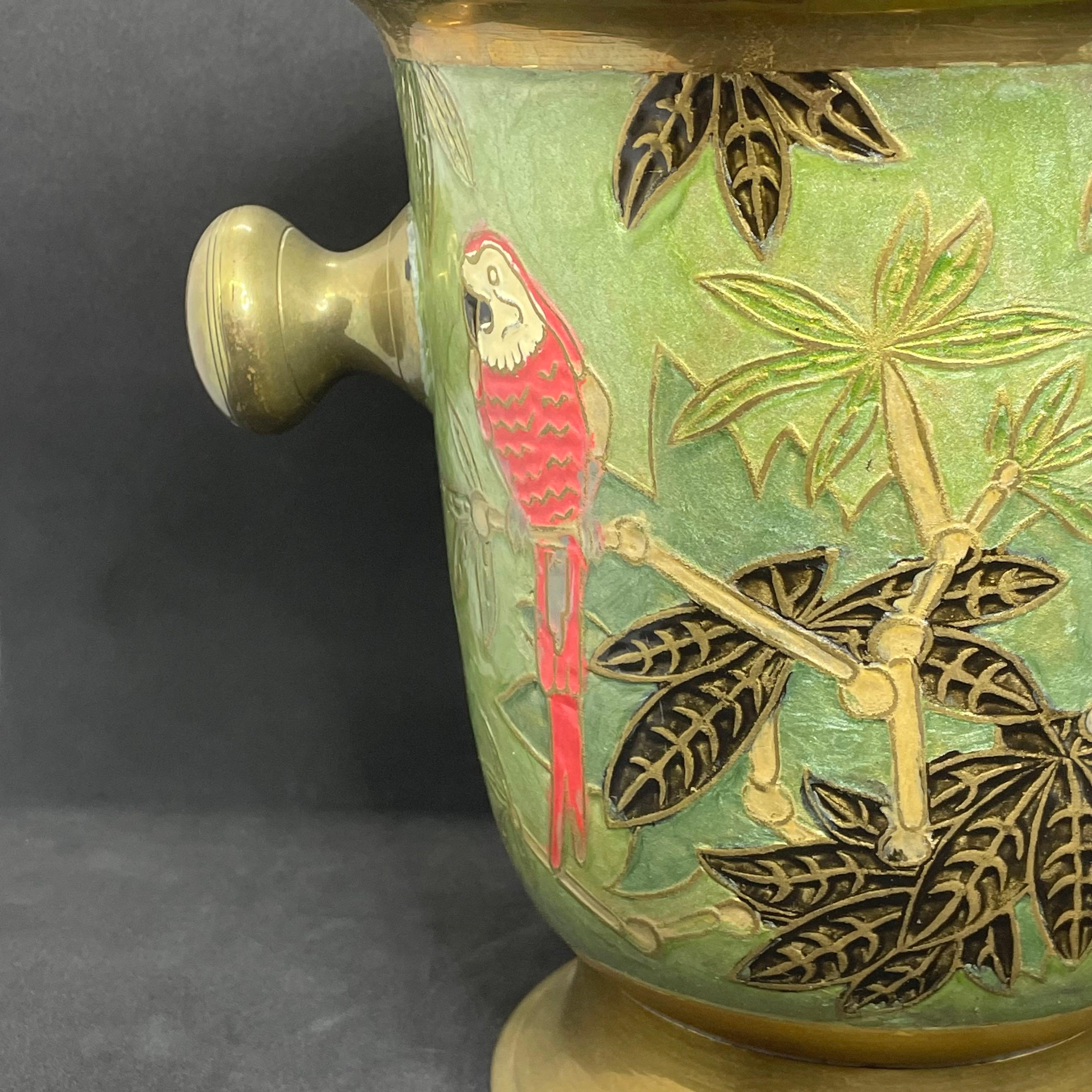 Champagne Cooler Ice Bucket Cloisonne Brass with Parrots, Germany, 1960s 1