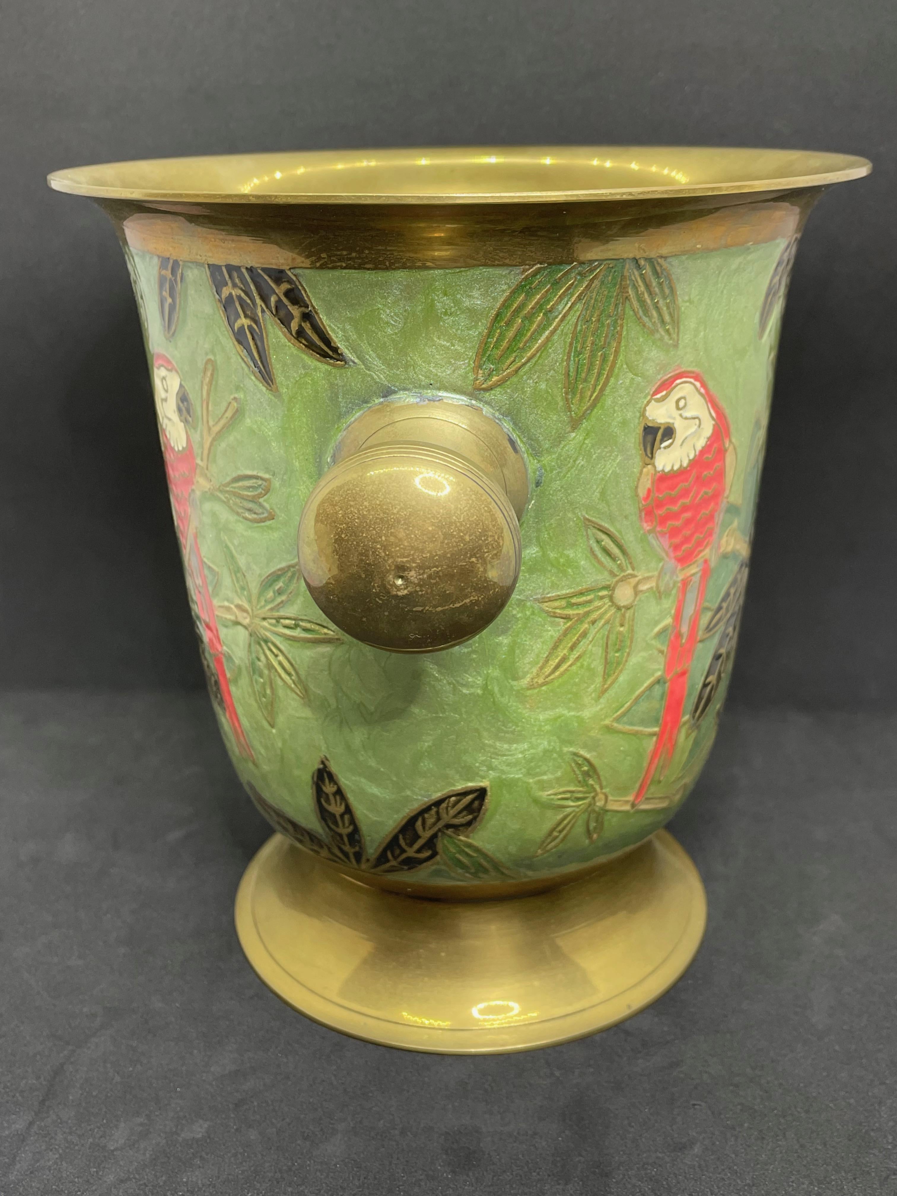 Champagne Cooler Ice Bucket Cloisonne Brass with Parrots, Germany, 1960s 2