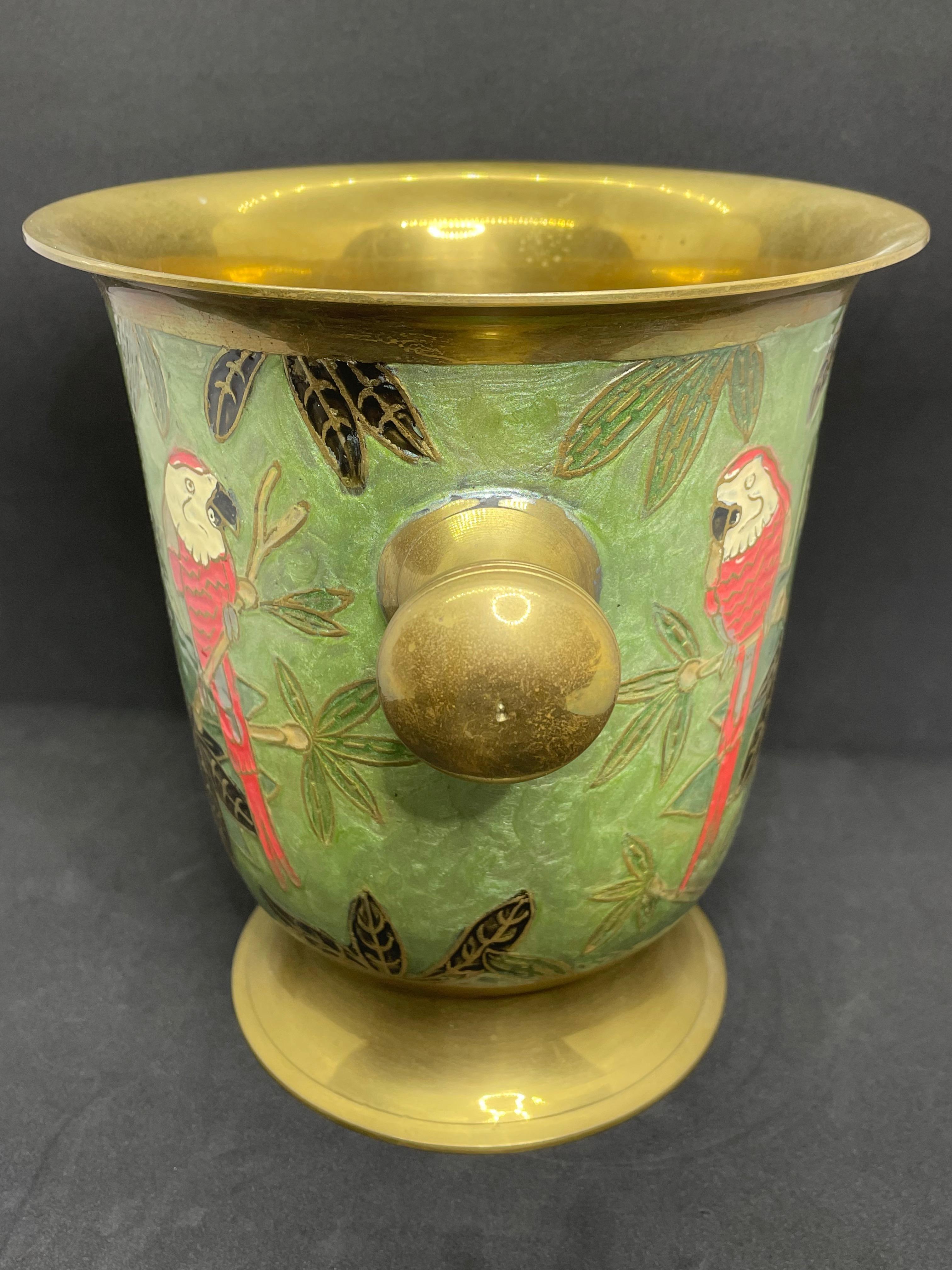 Champagne Cooler Ice Bucket Cloisonne Brass with Parrots, Germany, 1960s 3