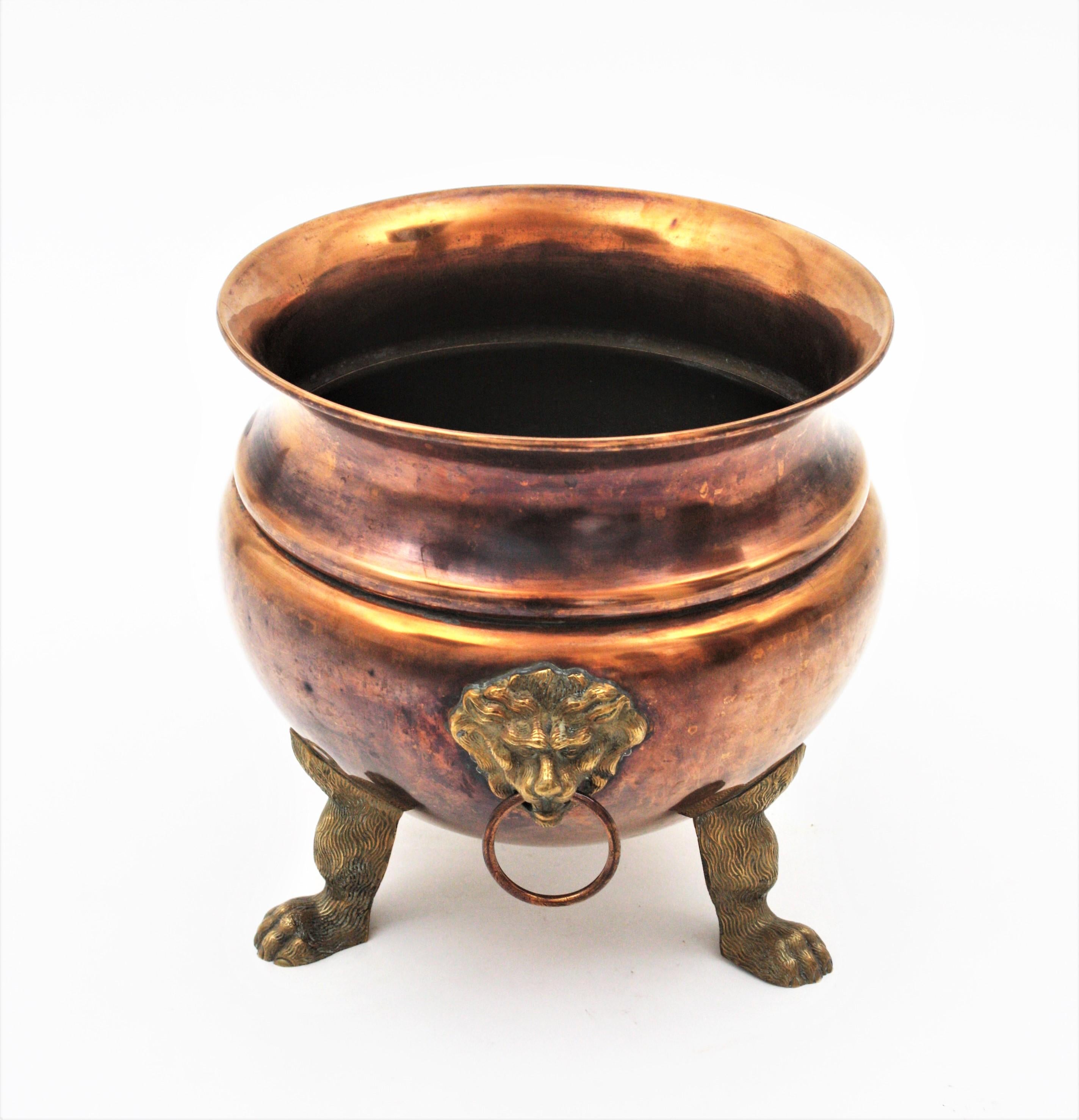 Champagne Cooler Ice Bucket with Lion Heads, Copper and Brass For Sale 4
