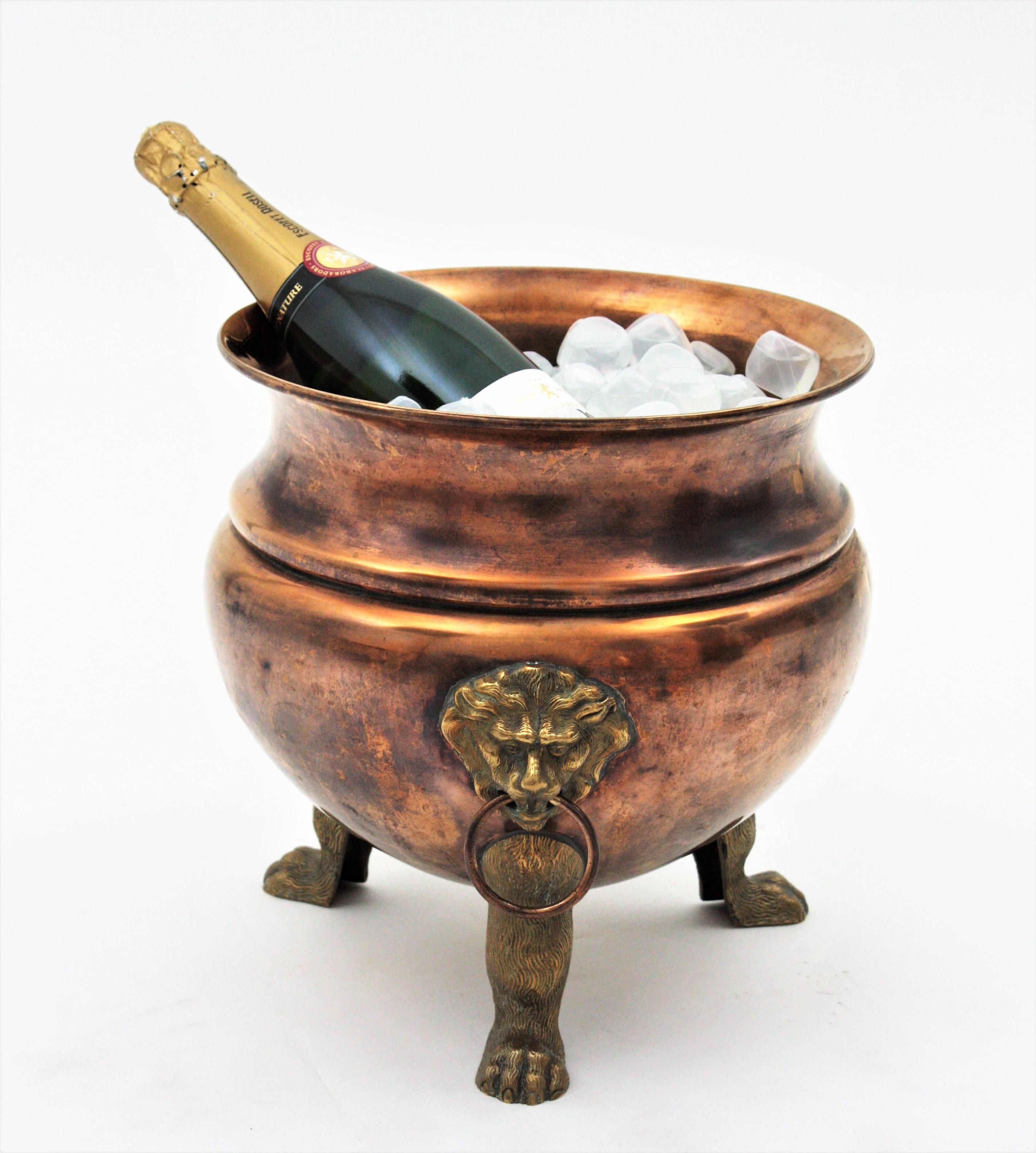 Hammered Champagne Cooler Ice Bucket with Lion Heads, Copper and Brass For Sale