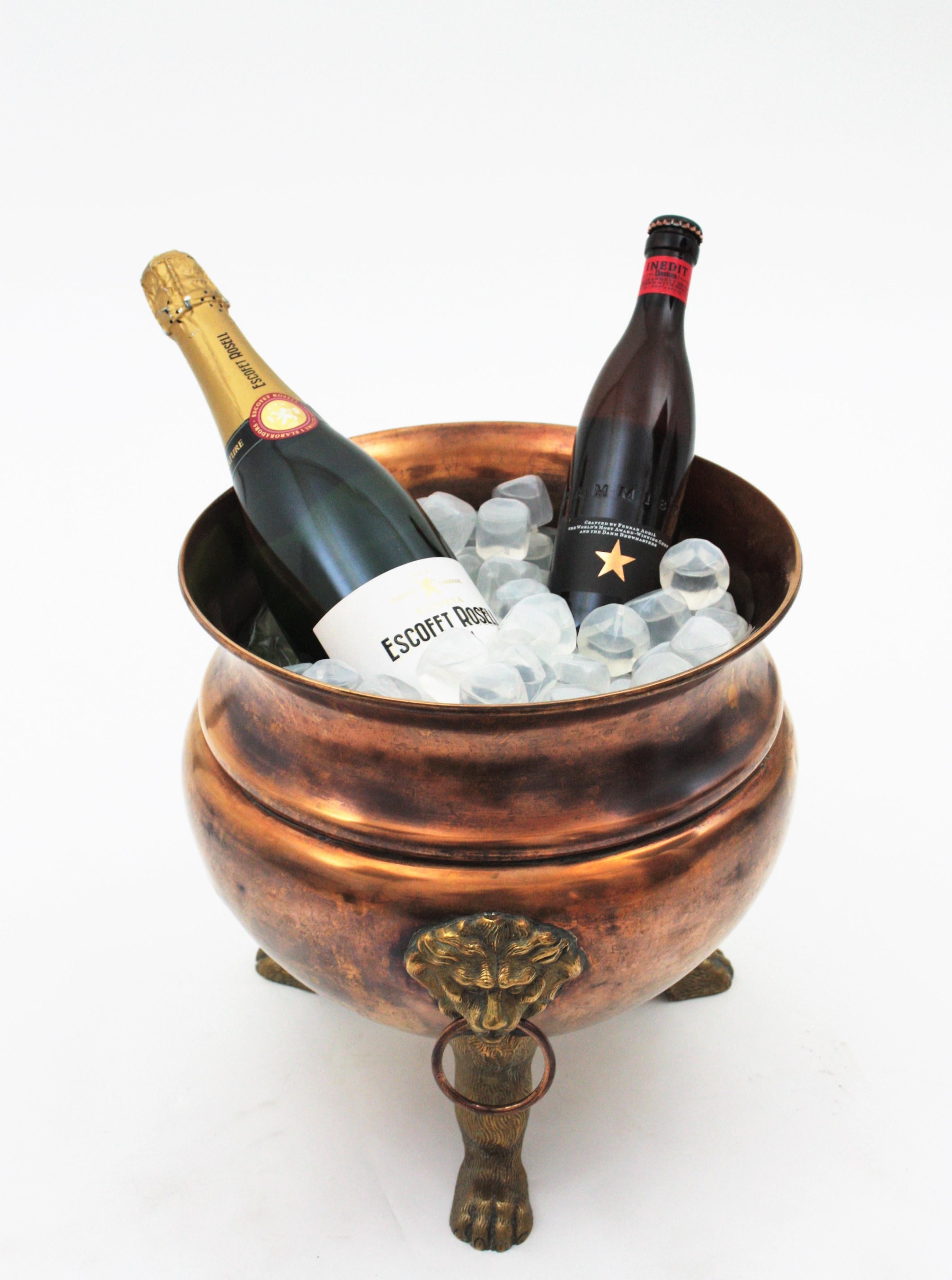 20th Century Champagne Cooler Ice Bucket with Lion Heads, Copper and Brass For Sale