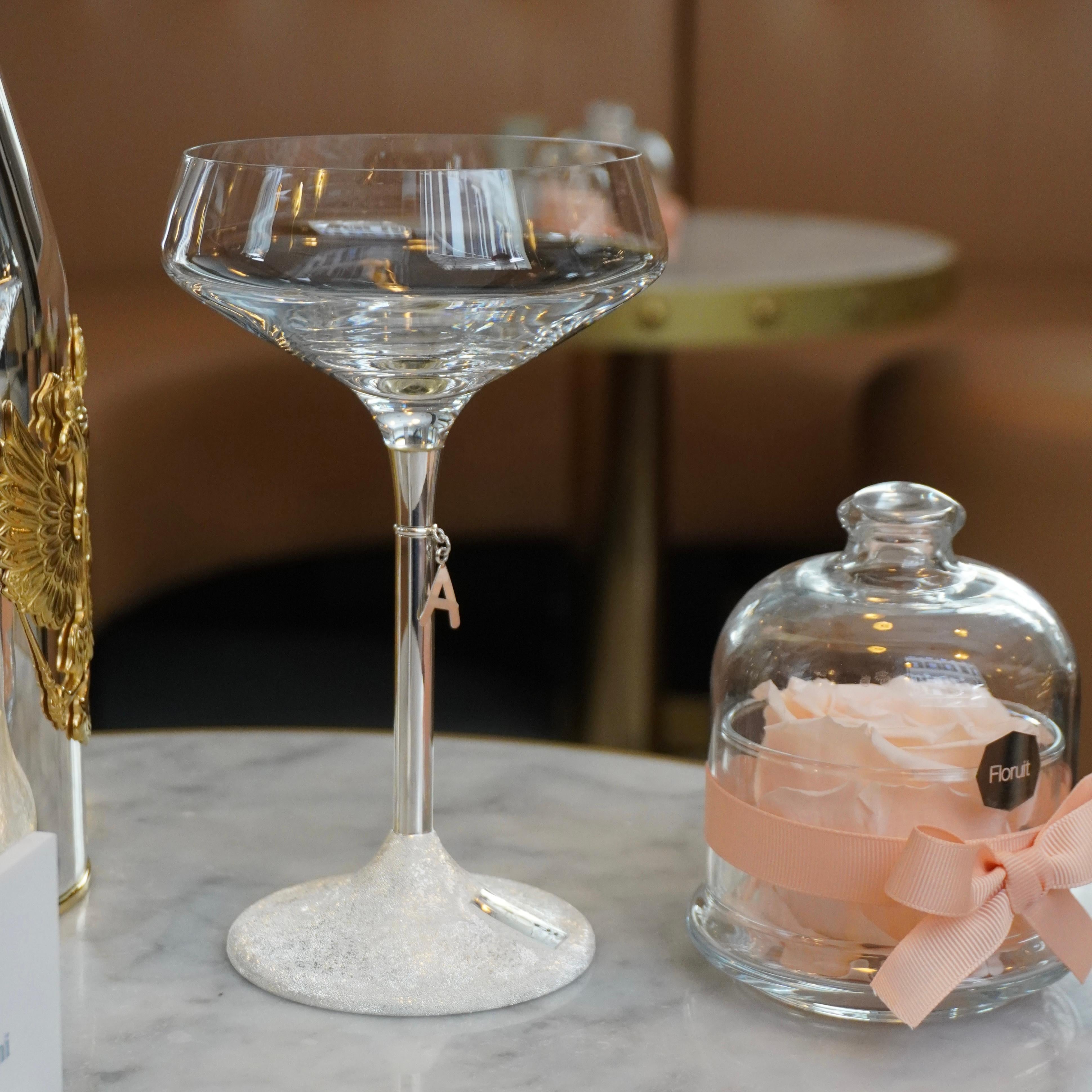 Contemporary Champagne Coupe Glass, Sterling Silver, Personalized with charms, Made in Italy For Sale