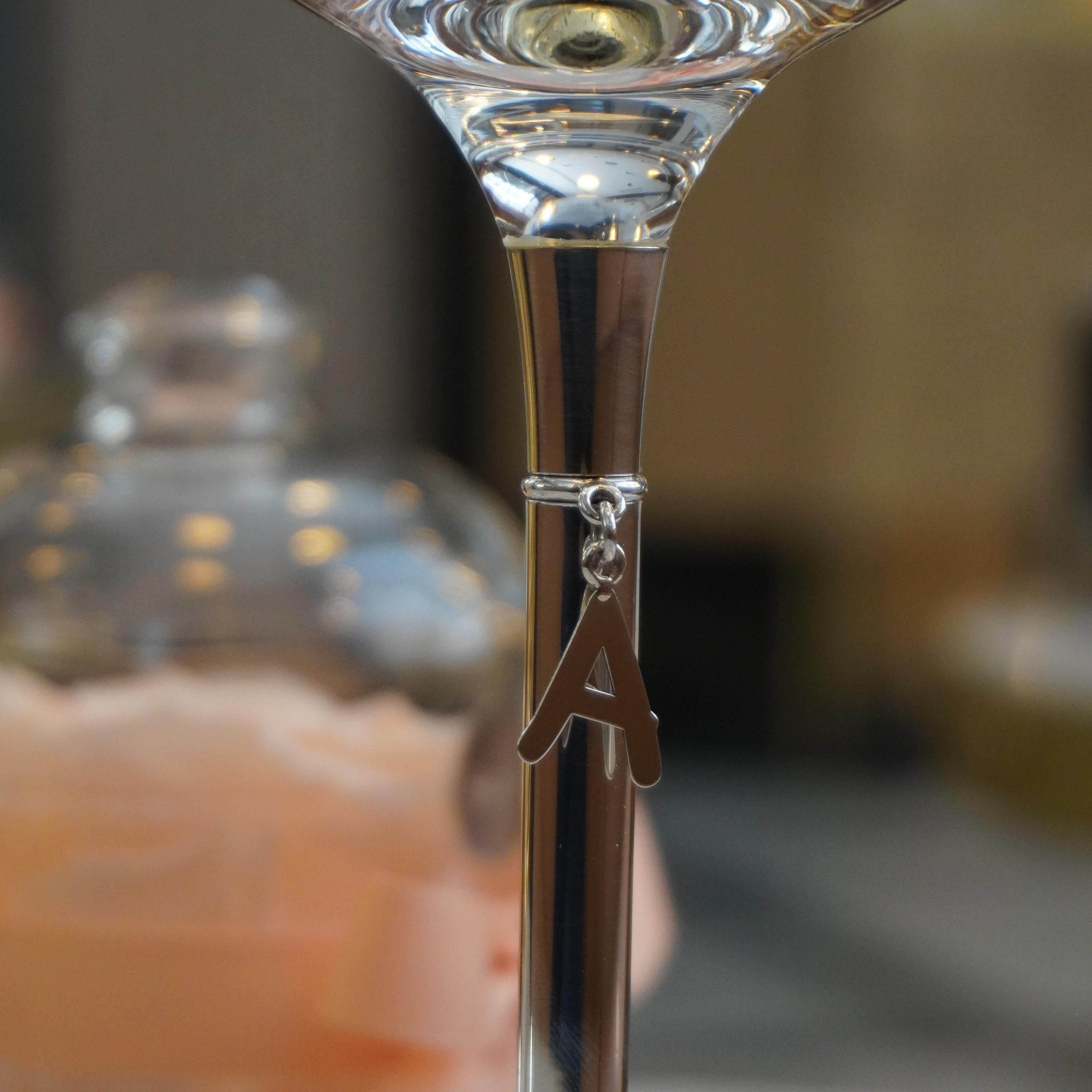 Women's or Men's Champagne Coupe Glass, Sterling Silver, Personalized with charms, Made in Italy For Sale
