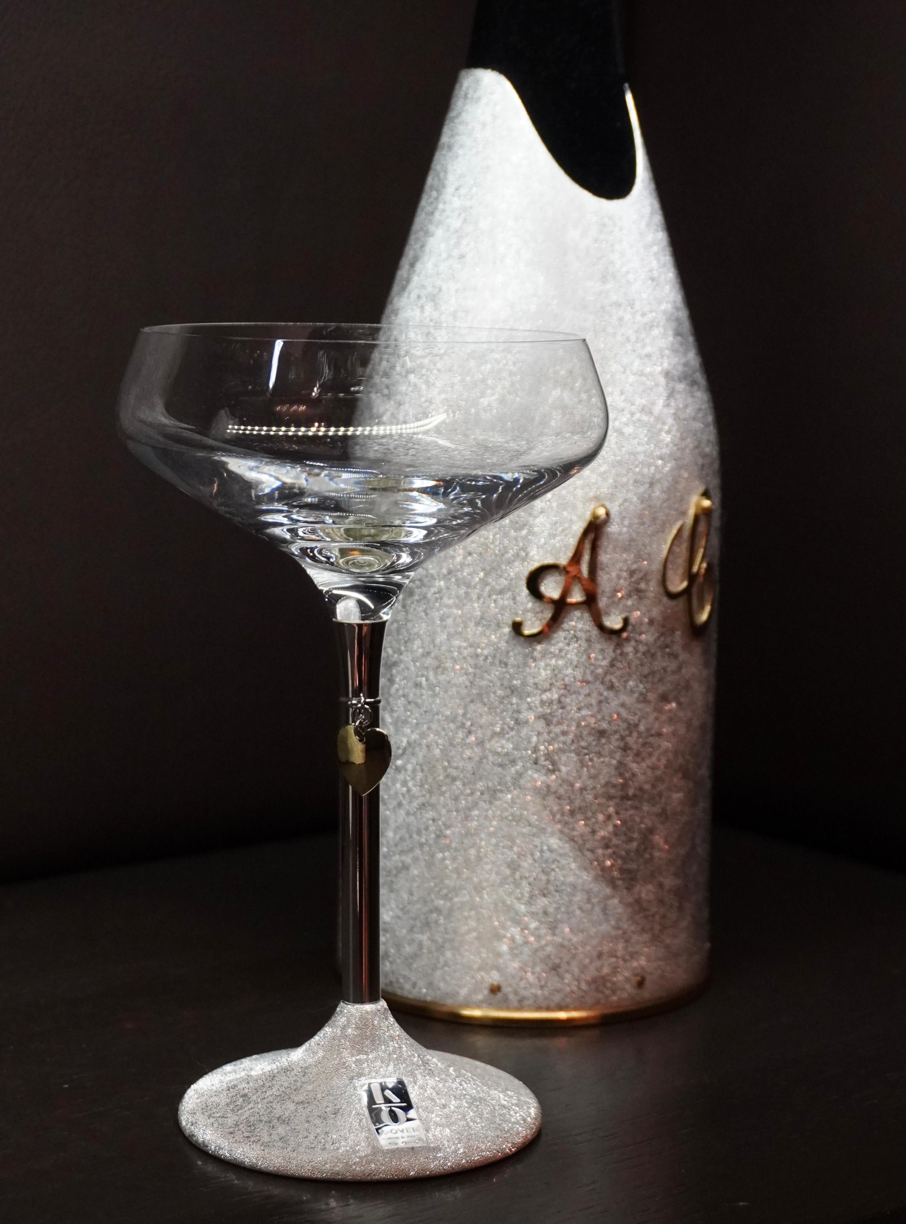 Champagne Coupe Glass, Sterling Silver, Personalized with charms, Made in Italy For Sale 2