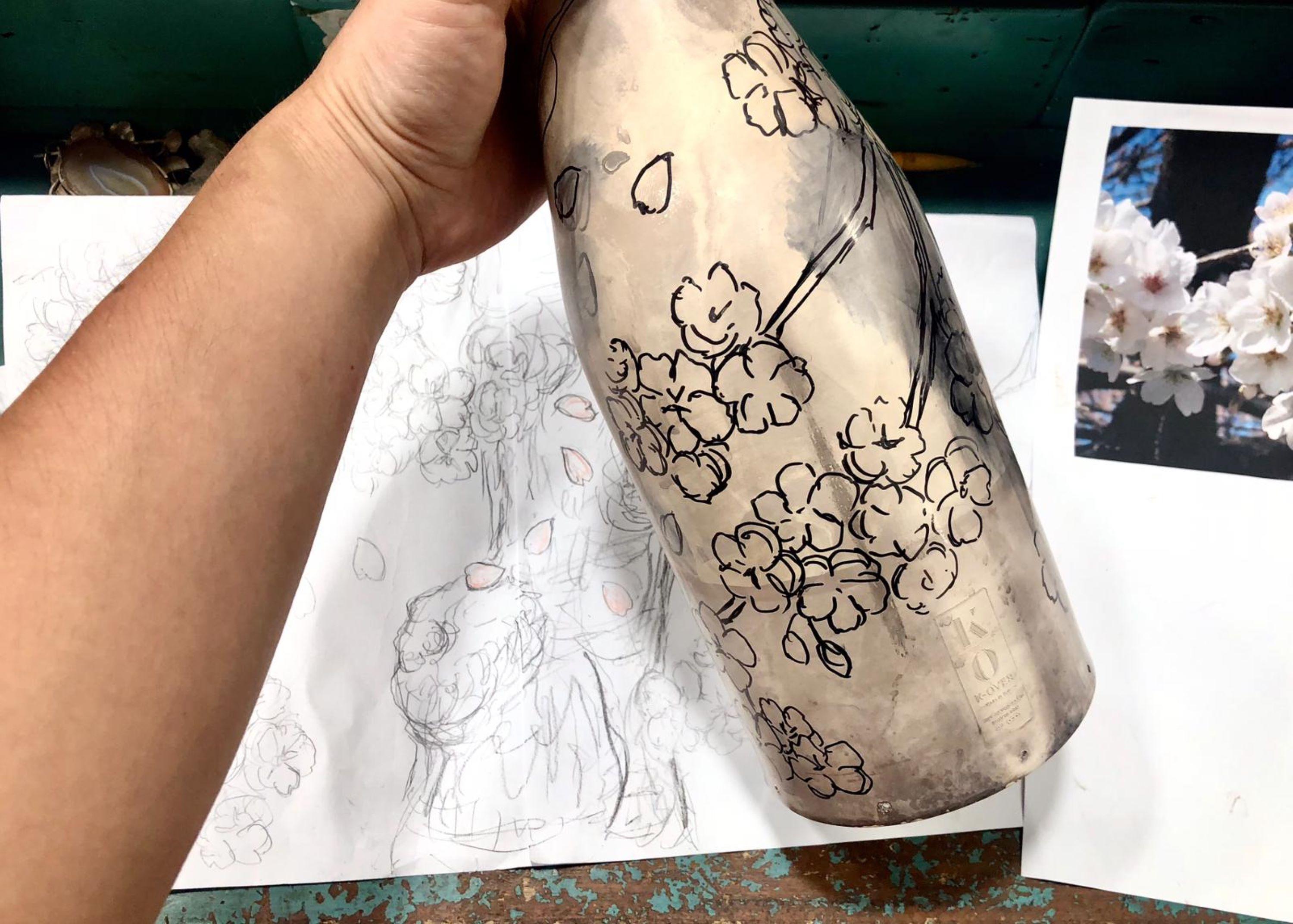 Champagnerfarbener Deckel, massives reines Silber, Kirschblüten, 2019, Italien im Angebot 4