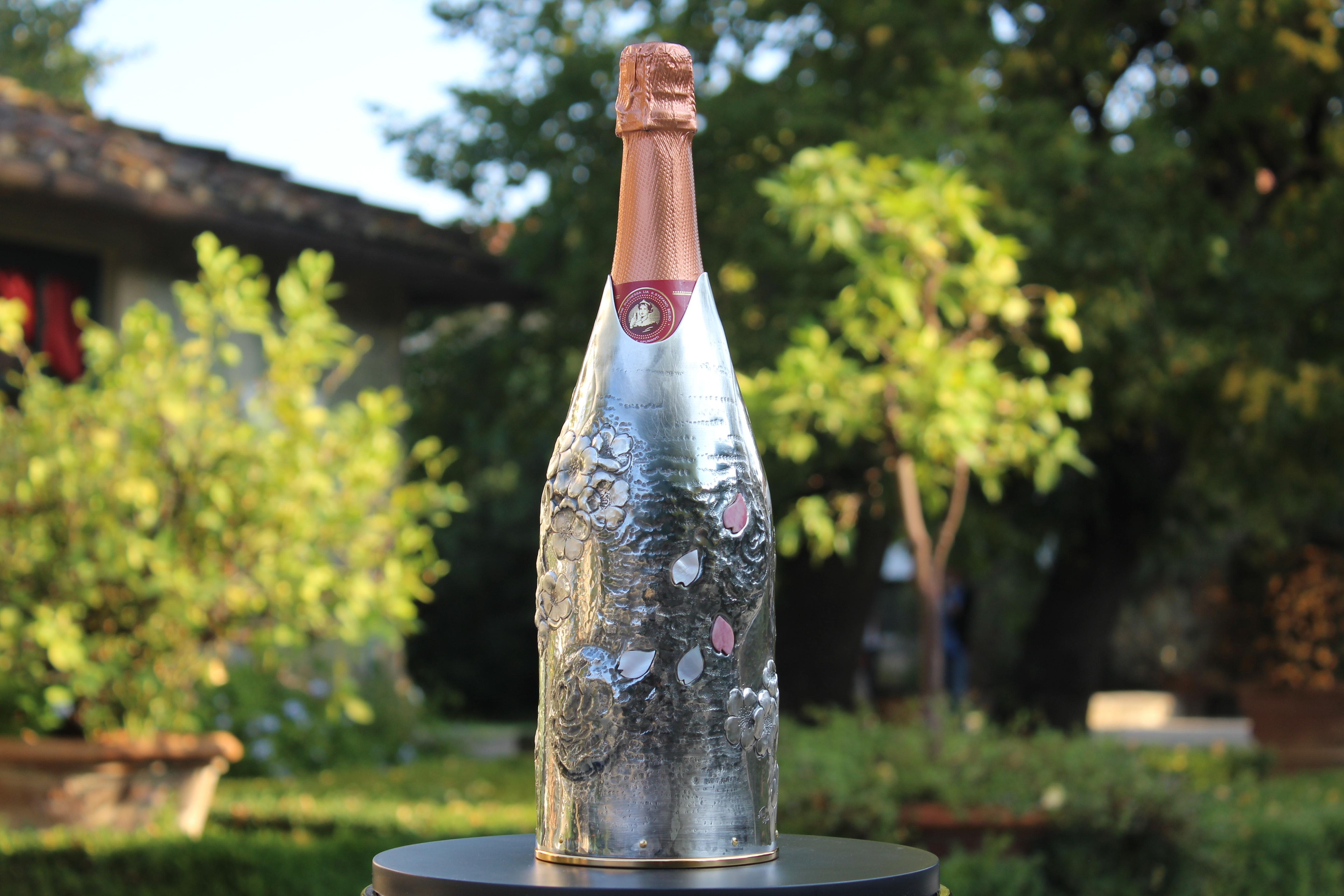 Champagnerfarbener Deckel, massives reines Silber, Kirschblüten, 2019, Italien im Angebot 2