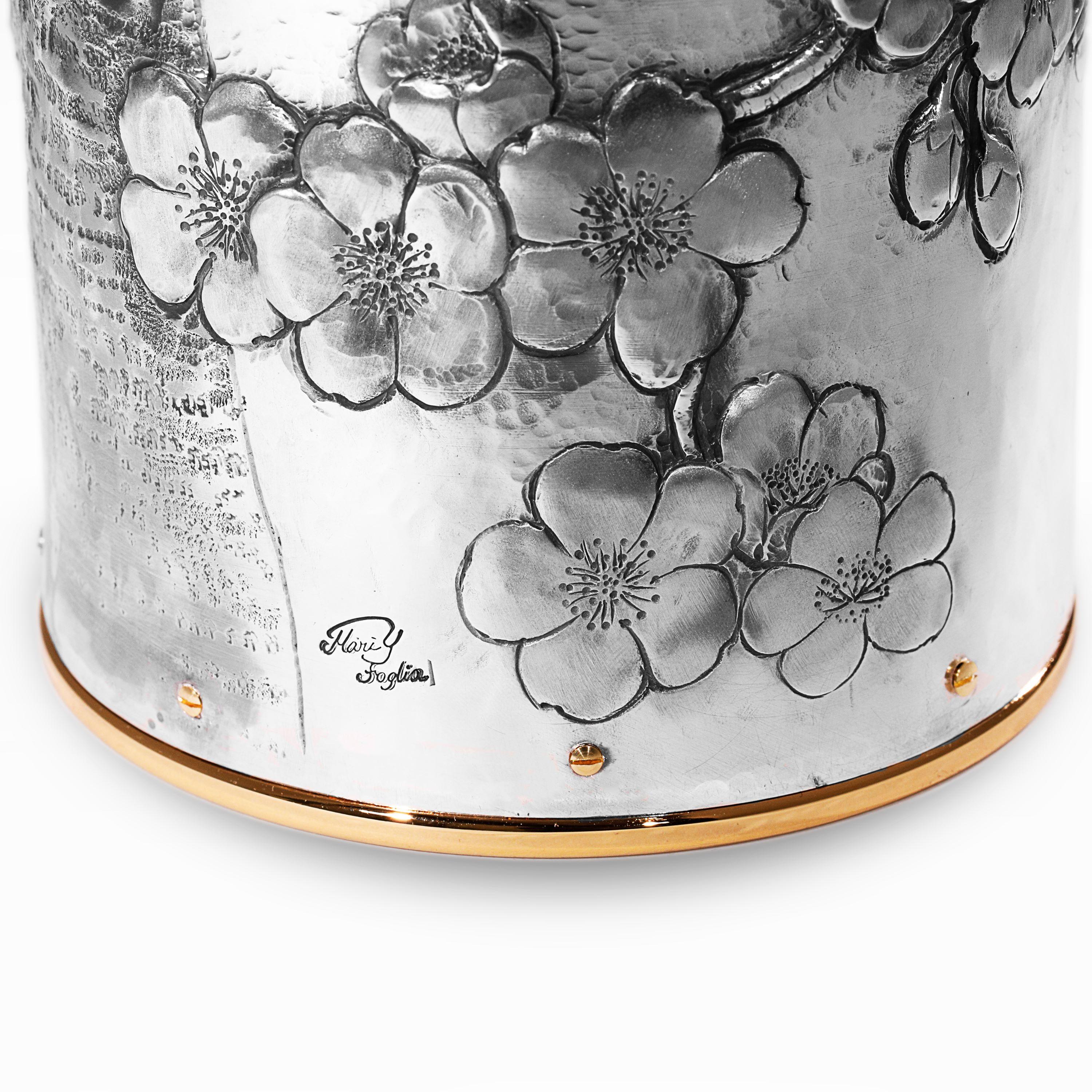 Champagnerfarbener Deckel, massives reines Silber, Kirschblüten, 2019, Italien für Damen oder Herren im Angebot