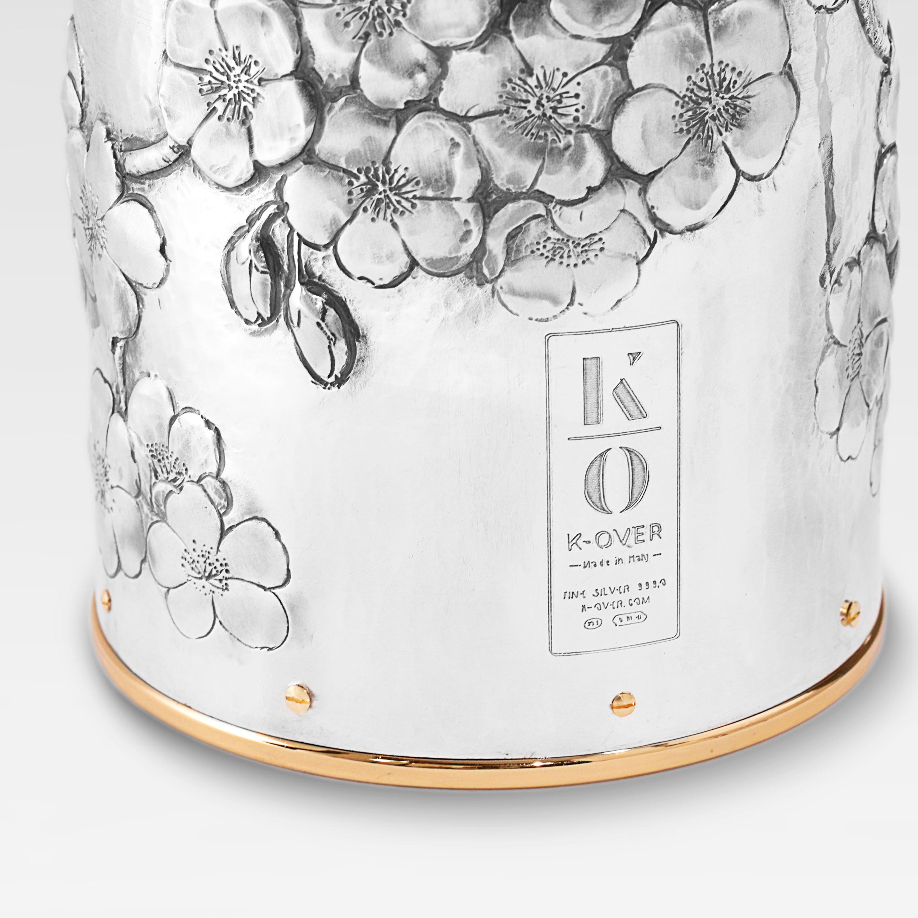 Champagnerfarbener Deckel, massives reines Silber, Kirschblüten, 2019, Italien im Angebot 1
