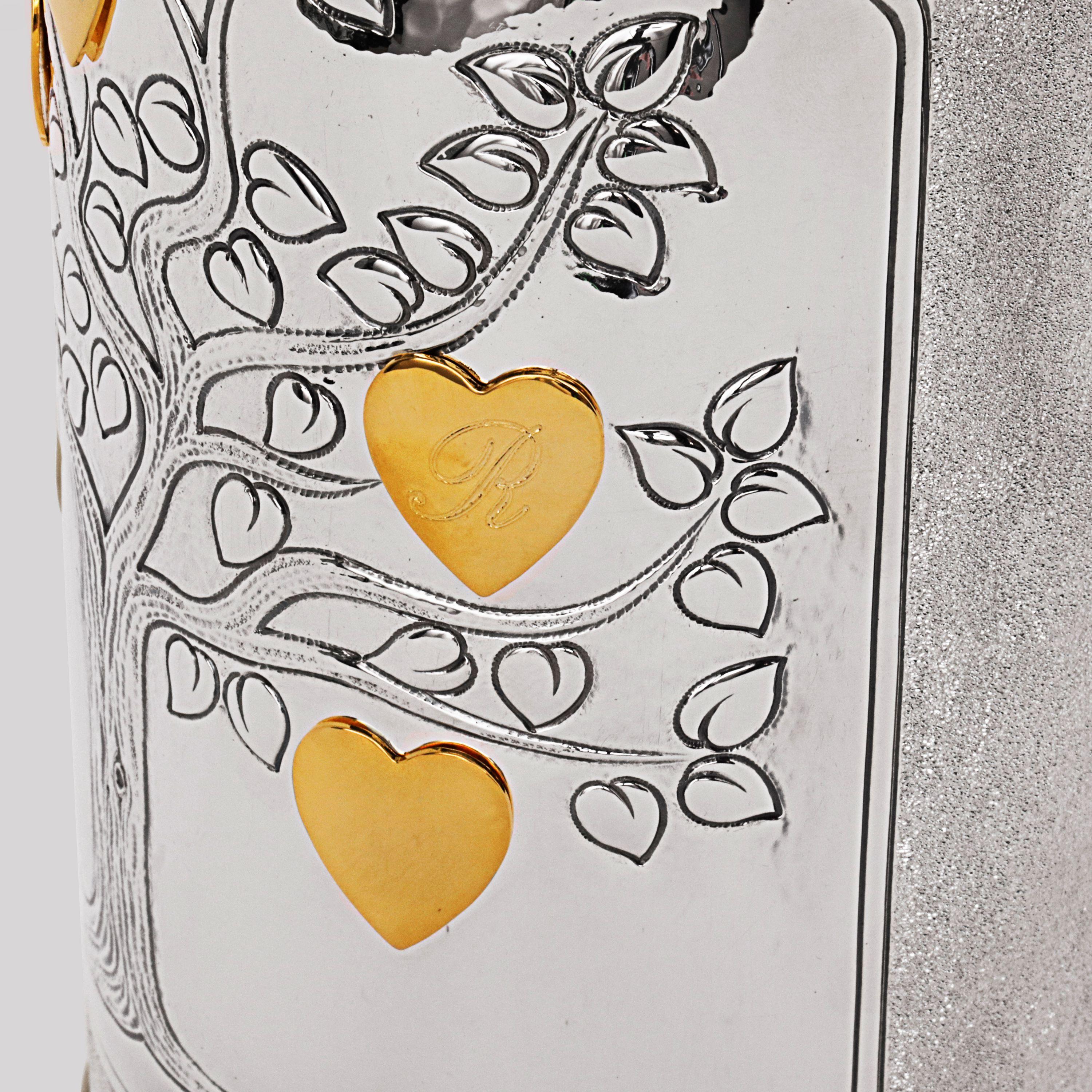 Champagnerfarbener Deckel, massives reines Silber, Baum des Lebens, 2020, Italien (Arts and Crafts) im Angebot