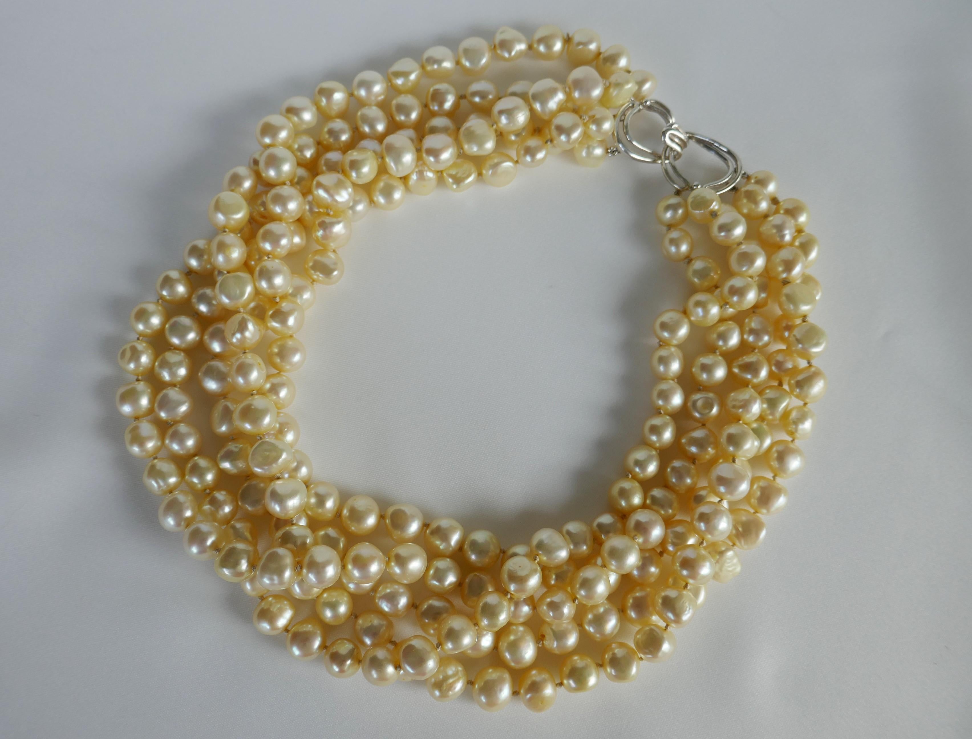Contemporary Five Strand Champagne Cultured Nugget Pearls 925 Sterling Silver Clasp Necklace For Sale