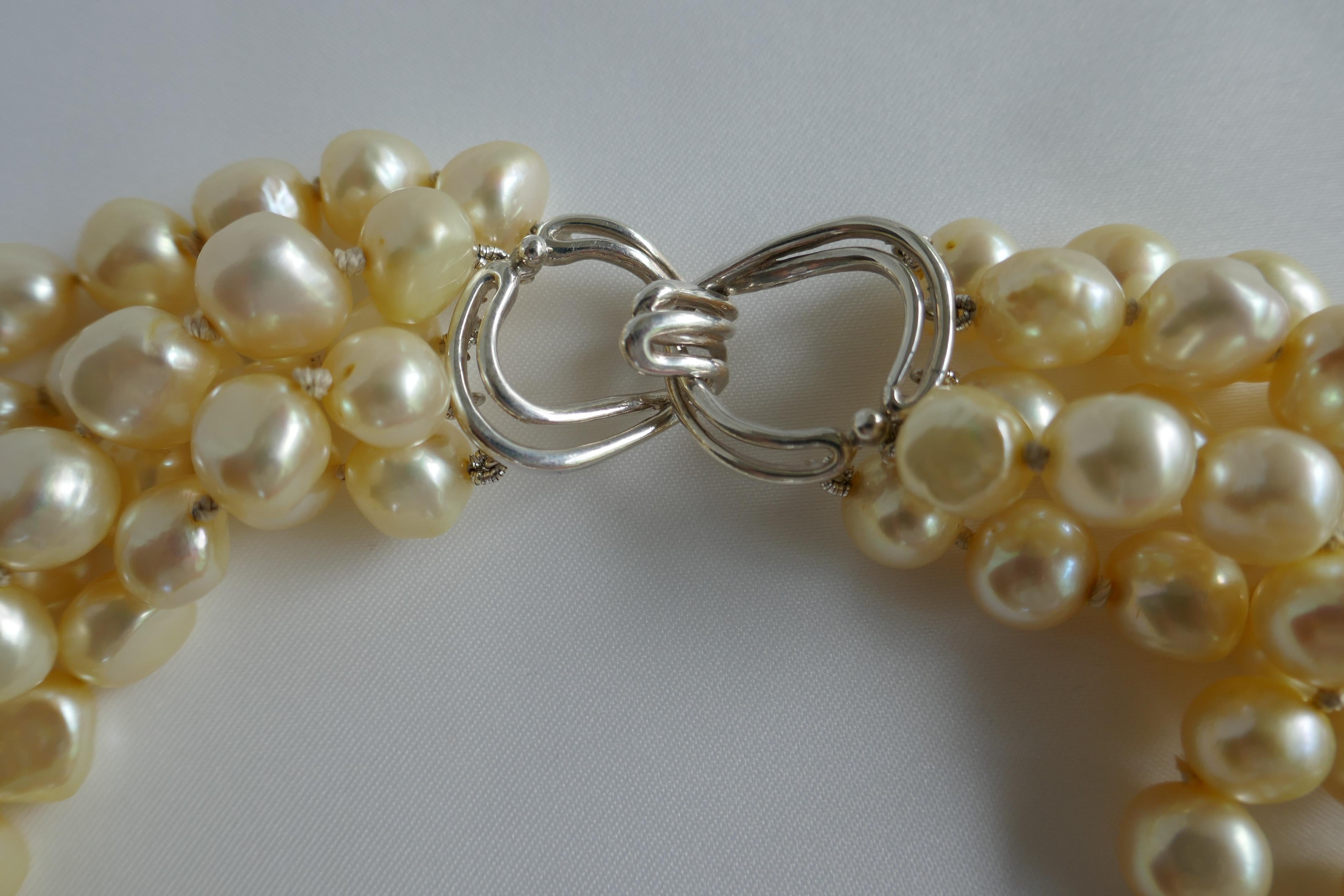 Five Strand Champagne Cultured Nugget Pearls 925 Sterling Silver Clasp Necklace In New Condition For Sale In Coral Gables, FL
