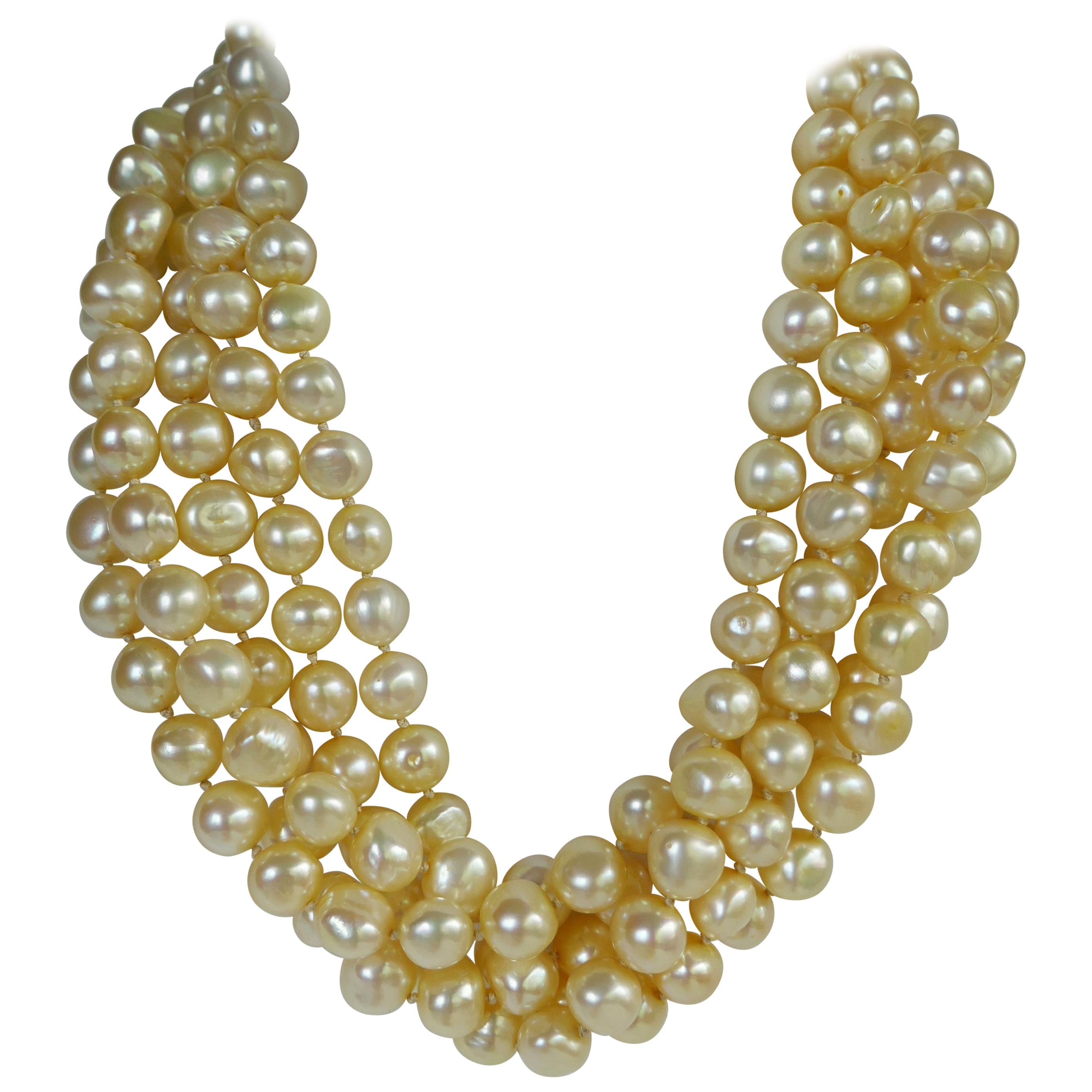 Five Strand Champagne Cultured Nugget Pearls 925 Sterling Silver Clasp Necklace For Sale
