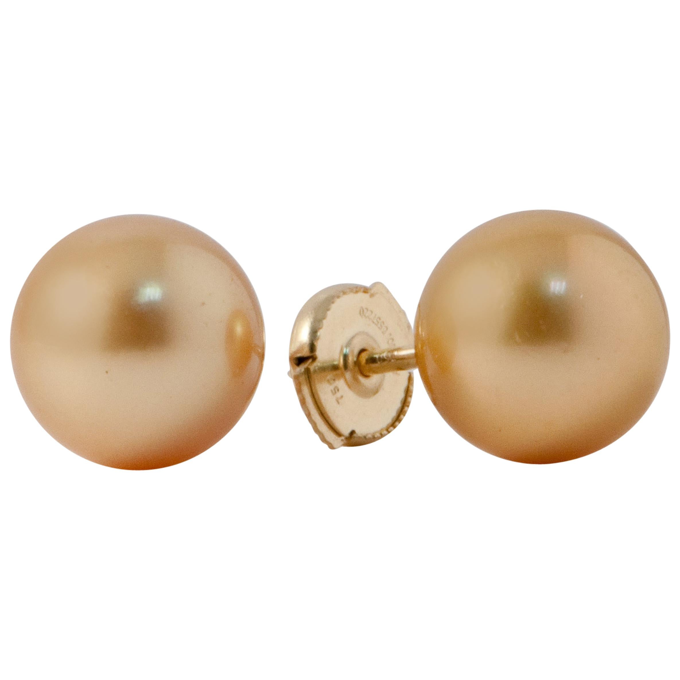 Champagne Cultured Pearl Earrings Yellow Gold 18 Karat For Sale