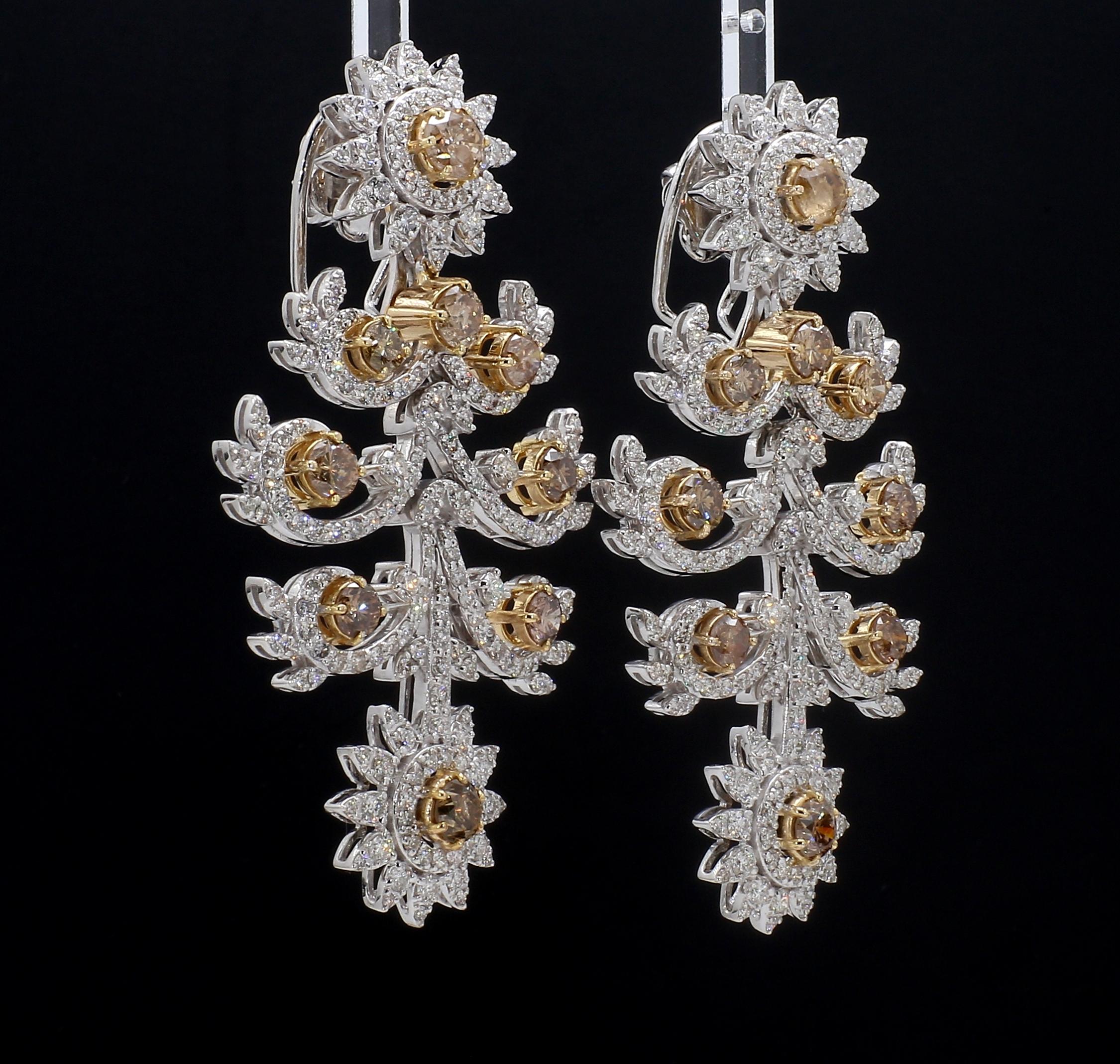 Round Cut Champagne Diamond Chandelier White Gold Earrings