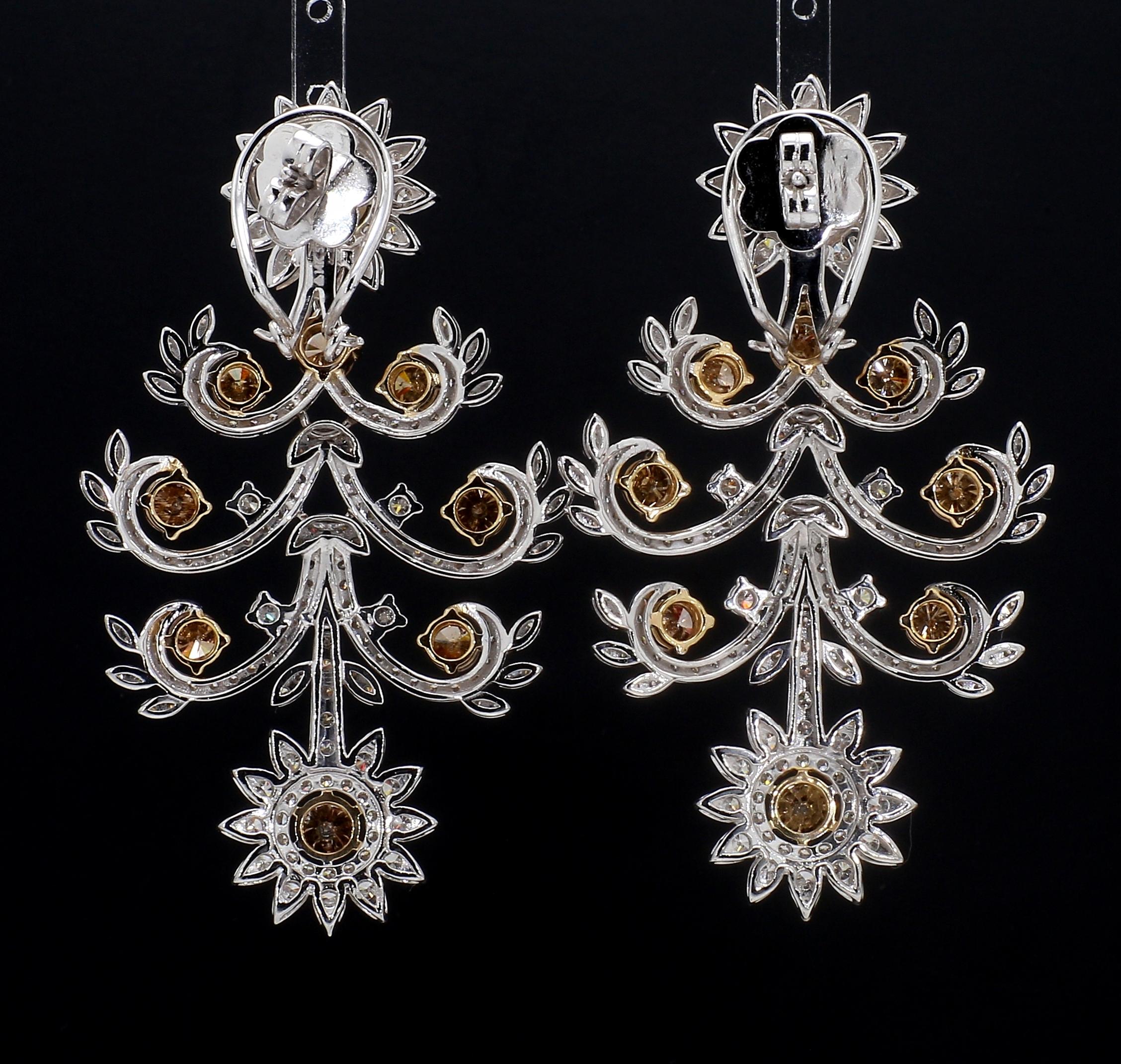 Women's or Men's Champagne Diamond Chandelier White Gold Earrings