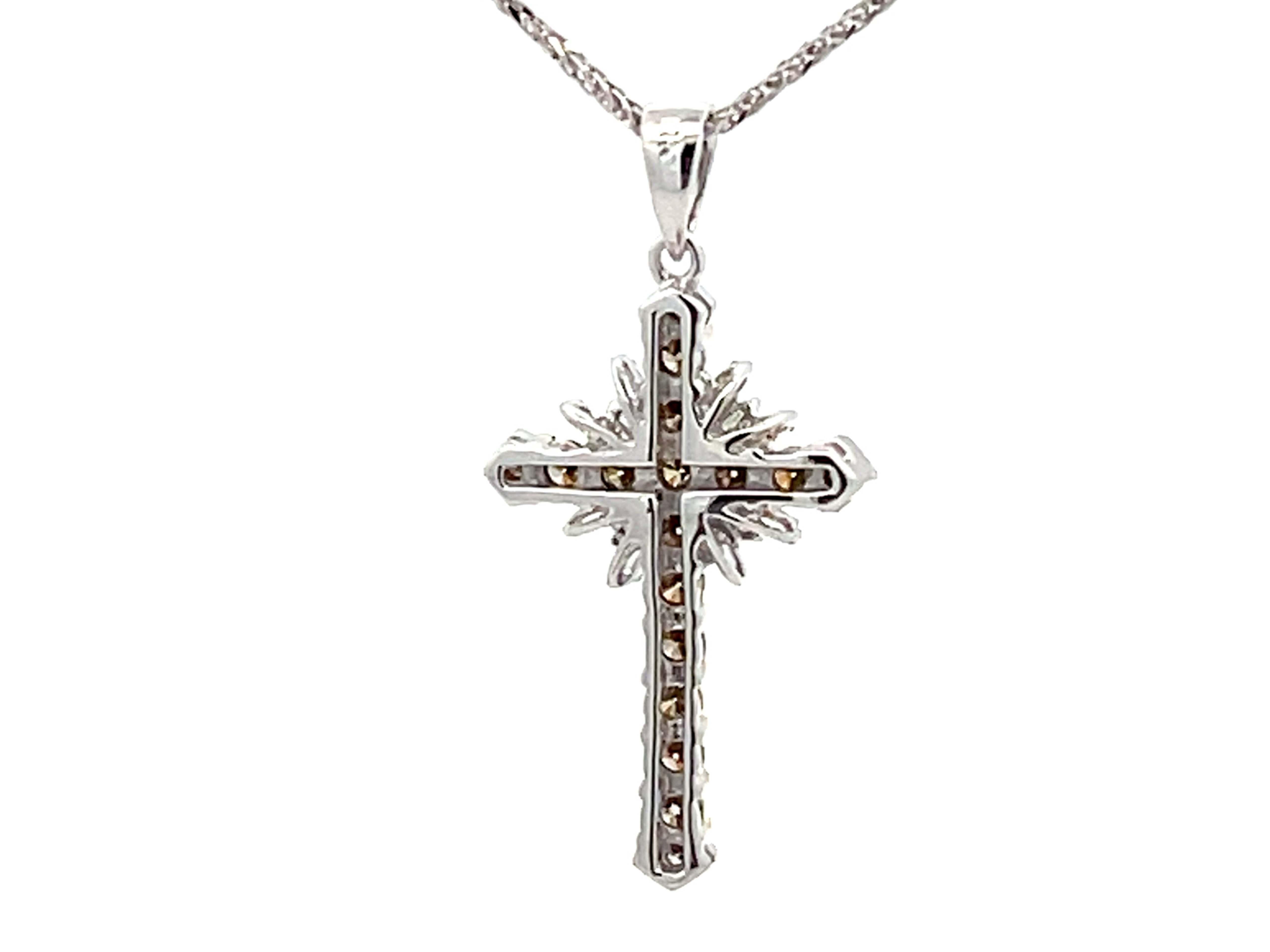 Modern Champagne Diamond Cross Necklace 14k White Gold For Sale