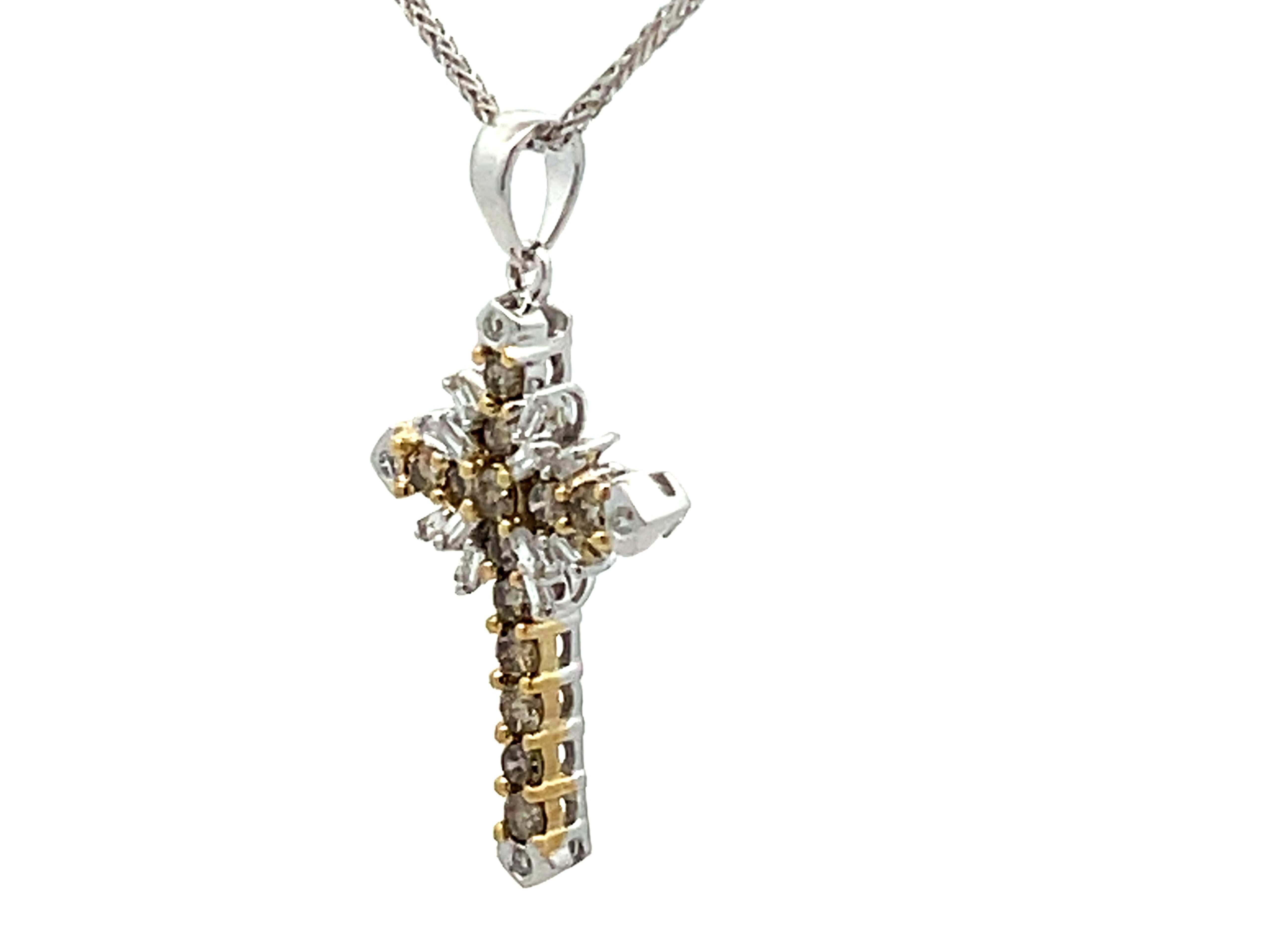 Champagne Diamond Cross Necklace 14k White Gold In Excellent Condition For Sale In Honolulu, HI