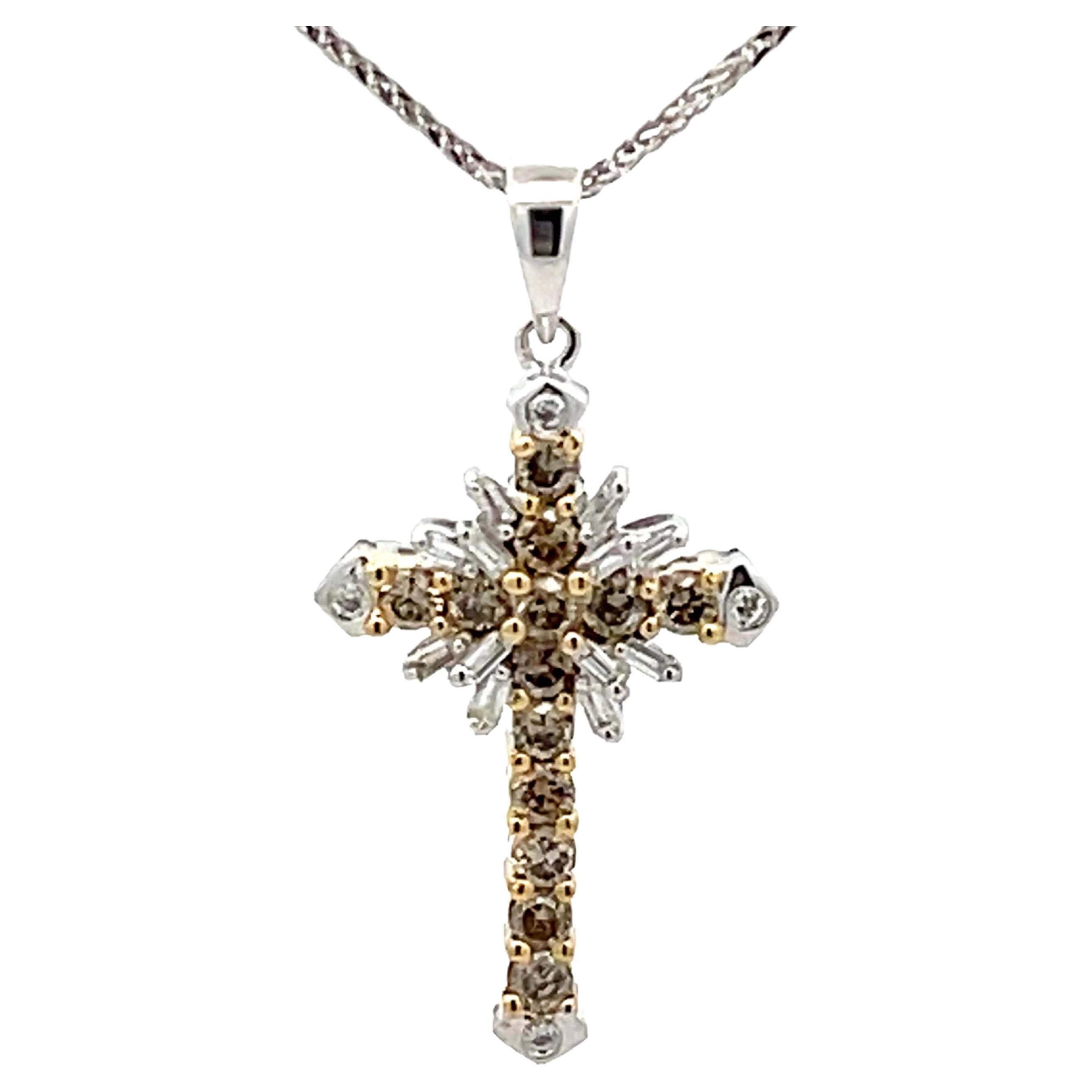 Champagne Diamond Cross Necklace 14k White Gold For Sale