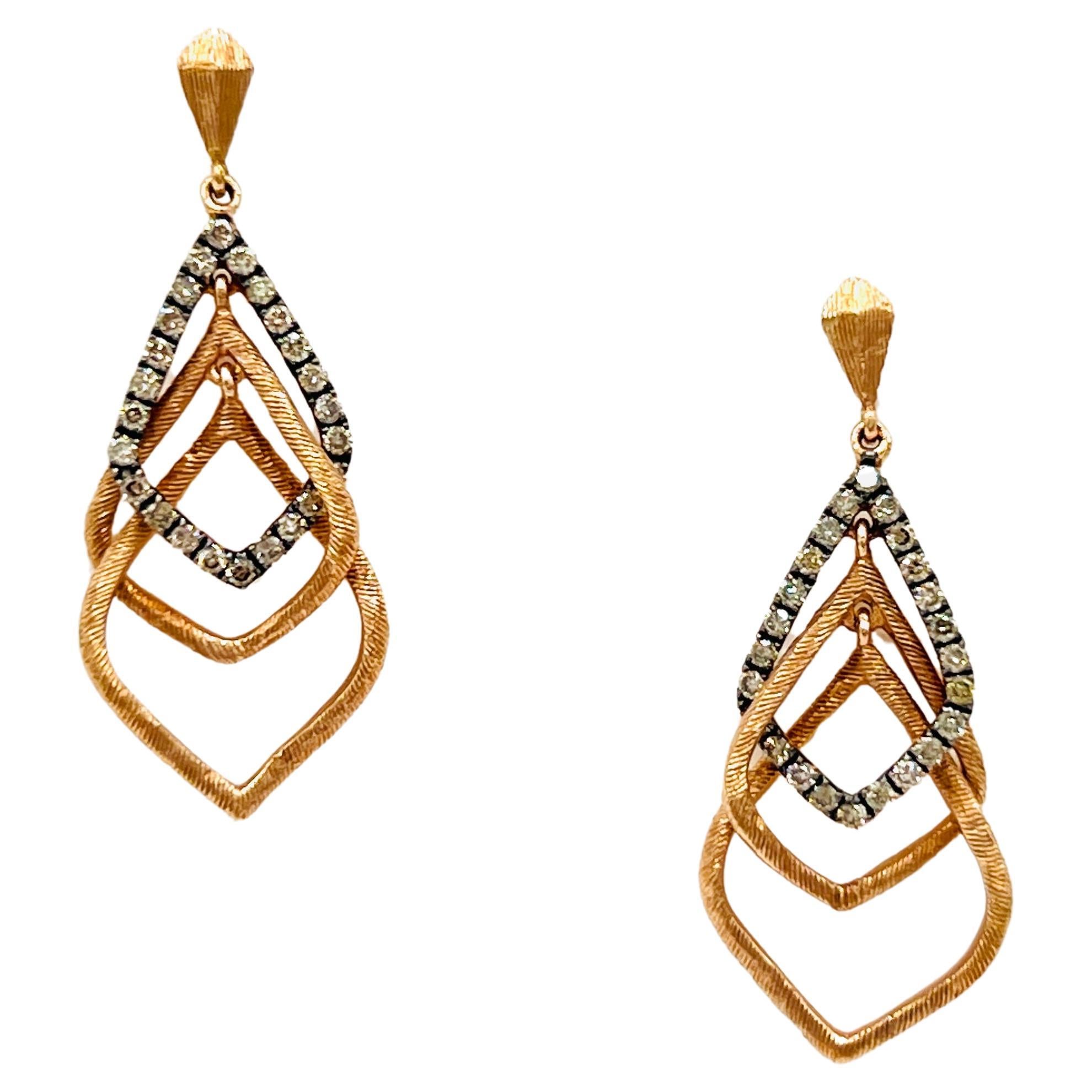 Champagne Diamond Dangle Earrings in 14K Rose Gold For Sale