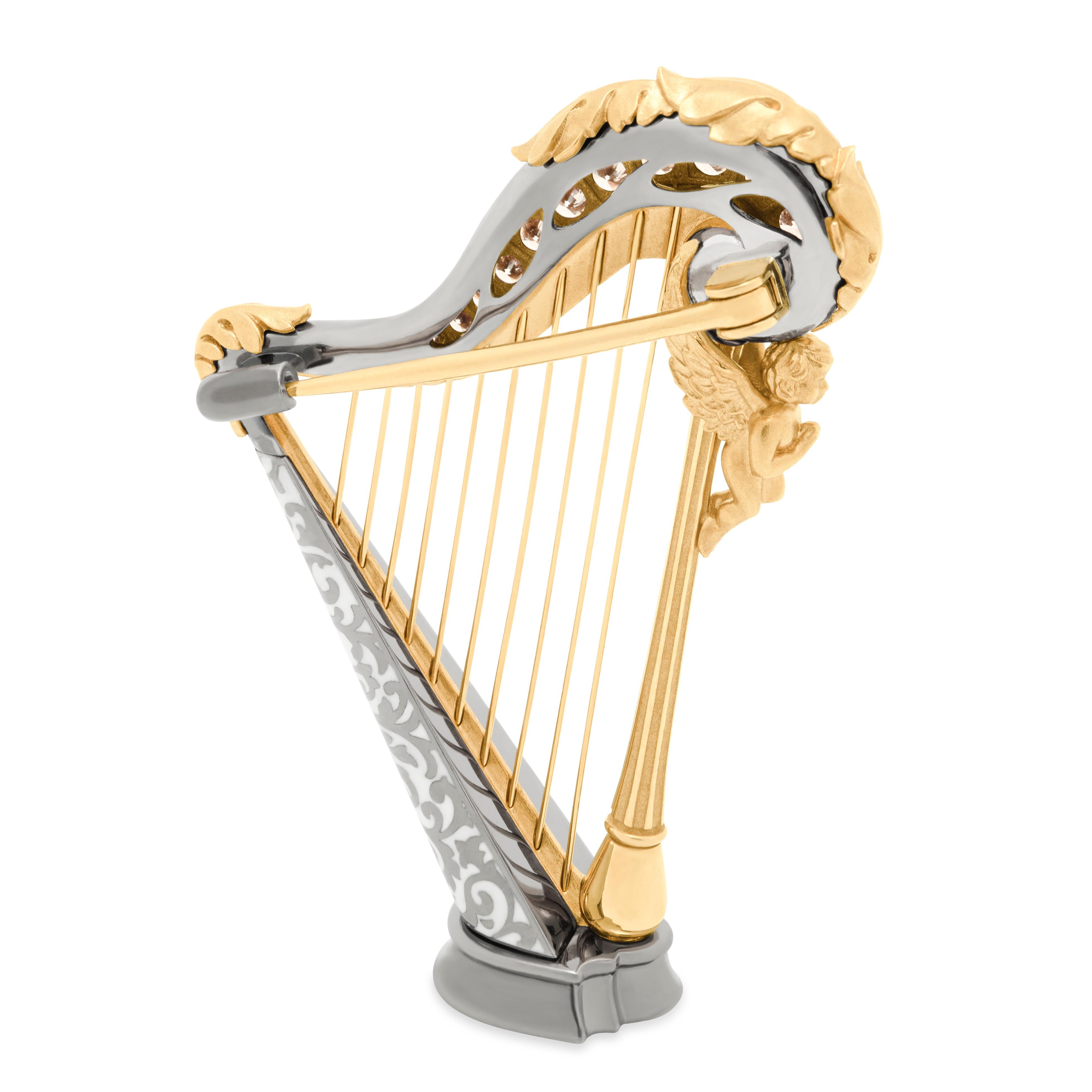 Champagne Diamond Enamel 18 Karat Yellow Gold Harp Brooch
Mousson Atelier represents with proud!
18 Karat Gold High detailing Harp brooch. Champagne Diamonds, all strings are tightened by hand. 
A small angel on the deck and Greek-style leaf