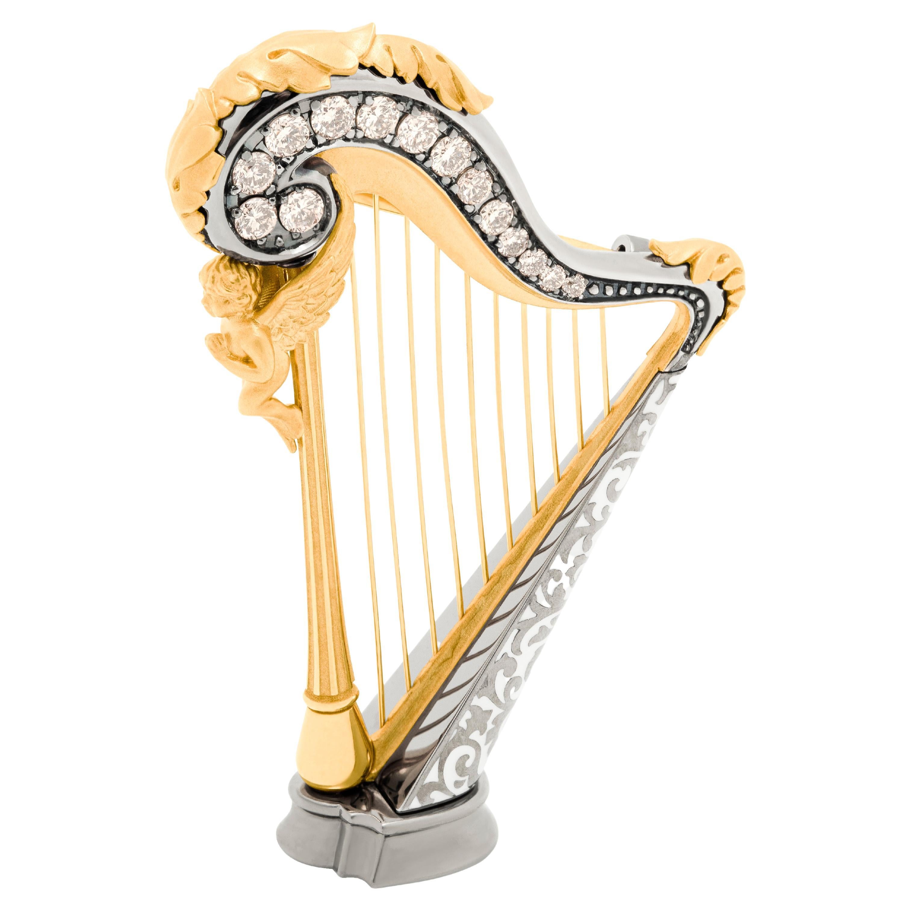 Champagne Diamond Enamel 18 Karat Yellow Gold Harp Brooch