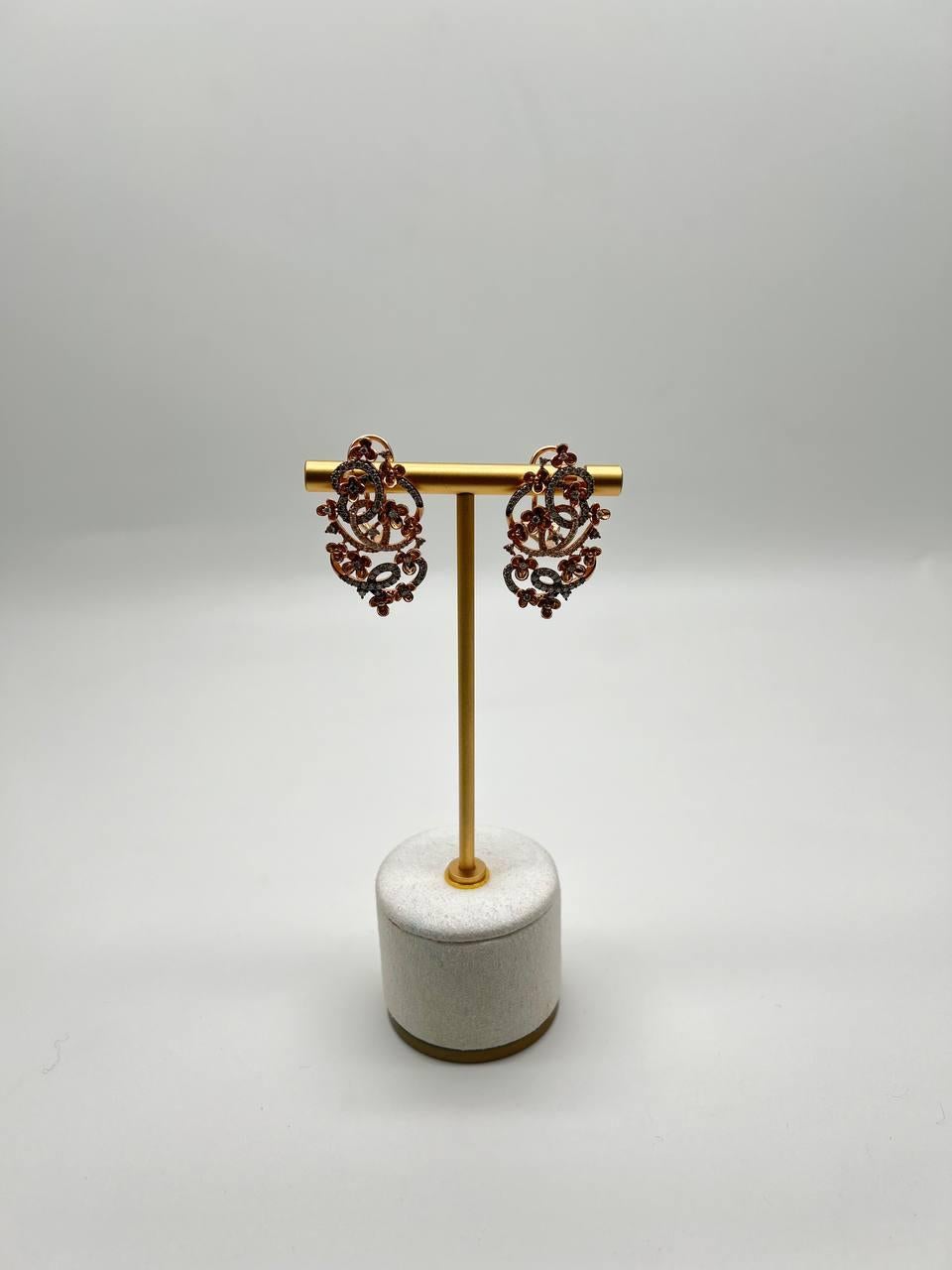 Women's Champagne Diamond Floral Flower Nature Motifs 14K Rose Gold Statement Earrings For Sale