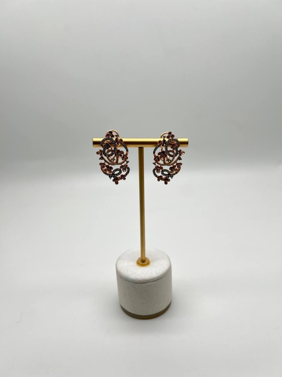 Champagne Diamond Floral Flower Nature Motifs 14K Rose Gold Statement Earrings For Sale 1
