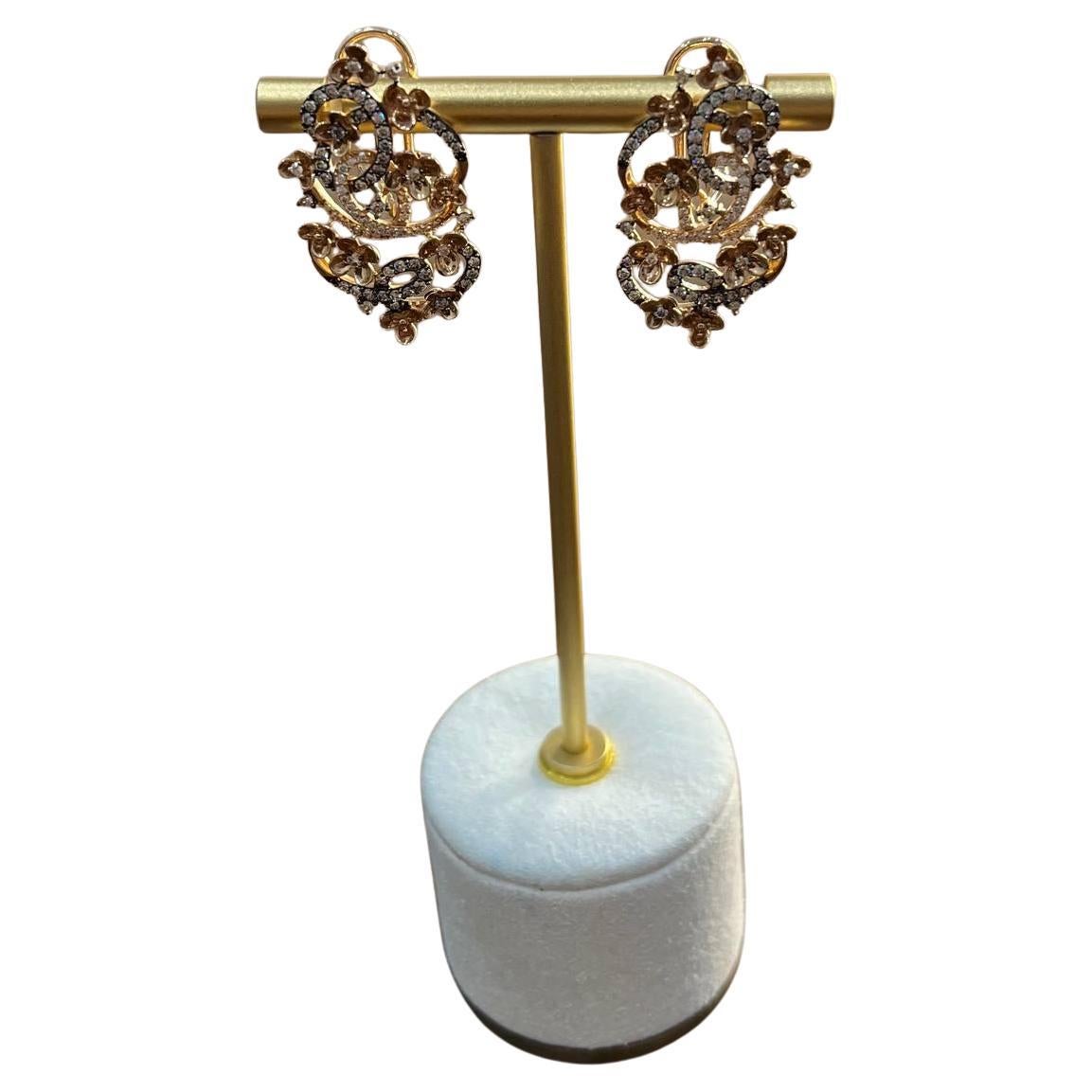 Champagne Diamond Floral Flower Nature Motifs 14K Rose Gold Statement Earrings