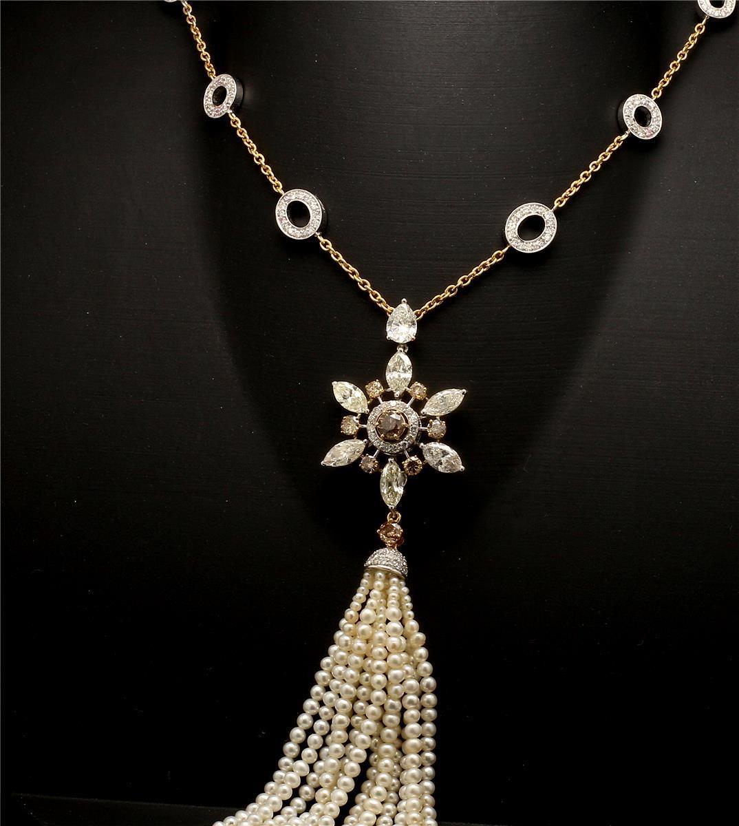 Anglo-Indian 9.63ct Champagne Diamond Necklace w/ DETACHABLE Pearl & Emerald Tassel