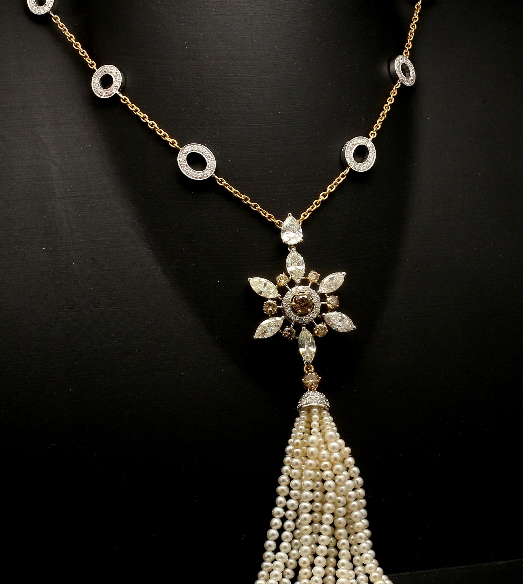 Brilliant Cut 9.63ct Champagne Diamond Necklace w/ DETACHABLE Pearl & Emerald Tassel