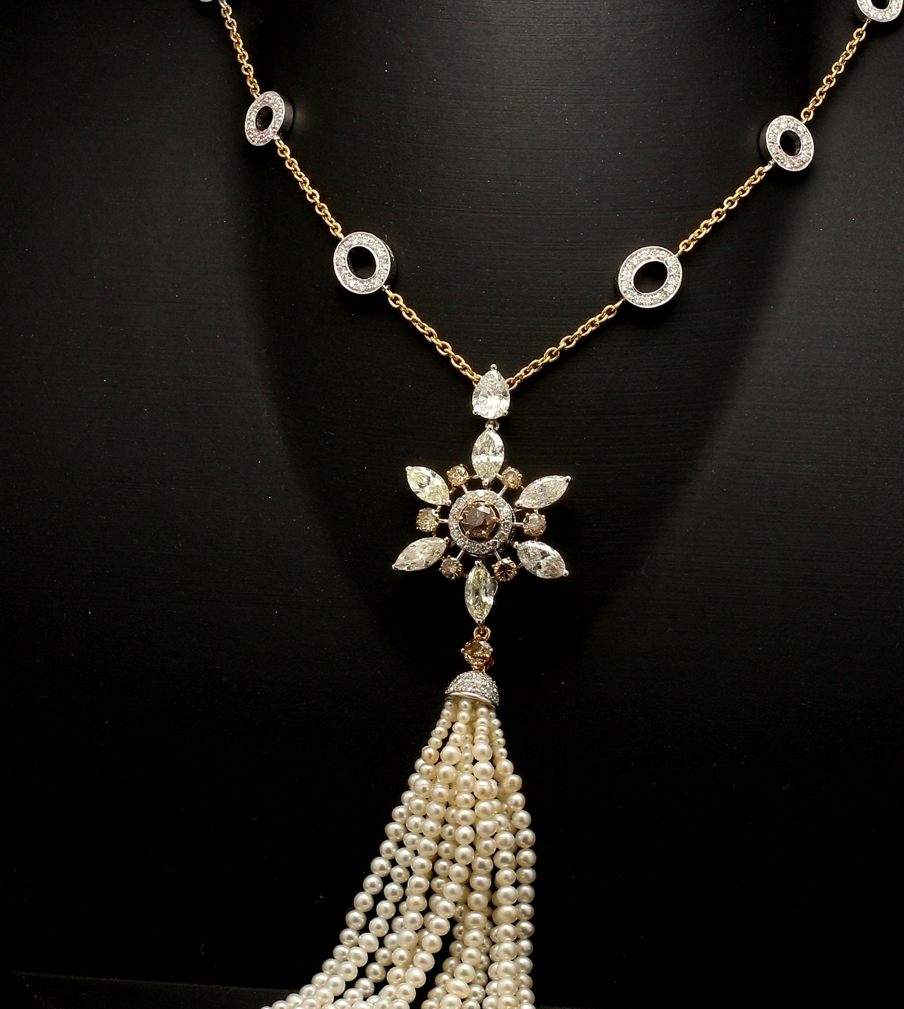 9.63ct Champagne Diamond Necklace w/ DETACHABLE Pearl & Emerald Tassel In New Condition In New York, NY