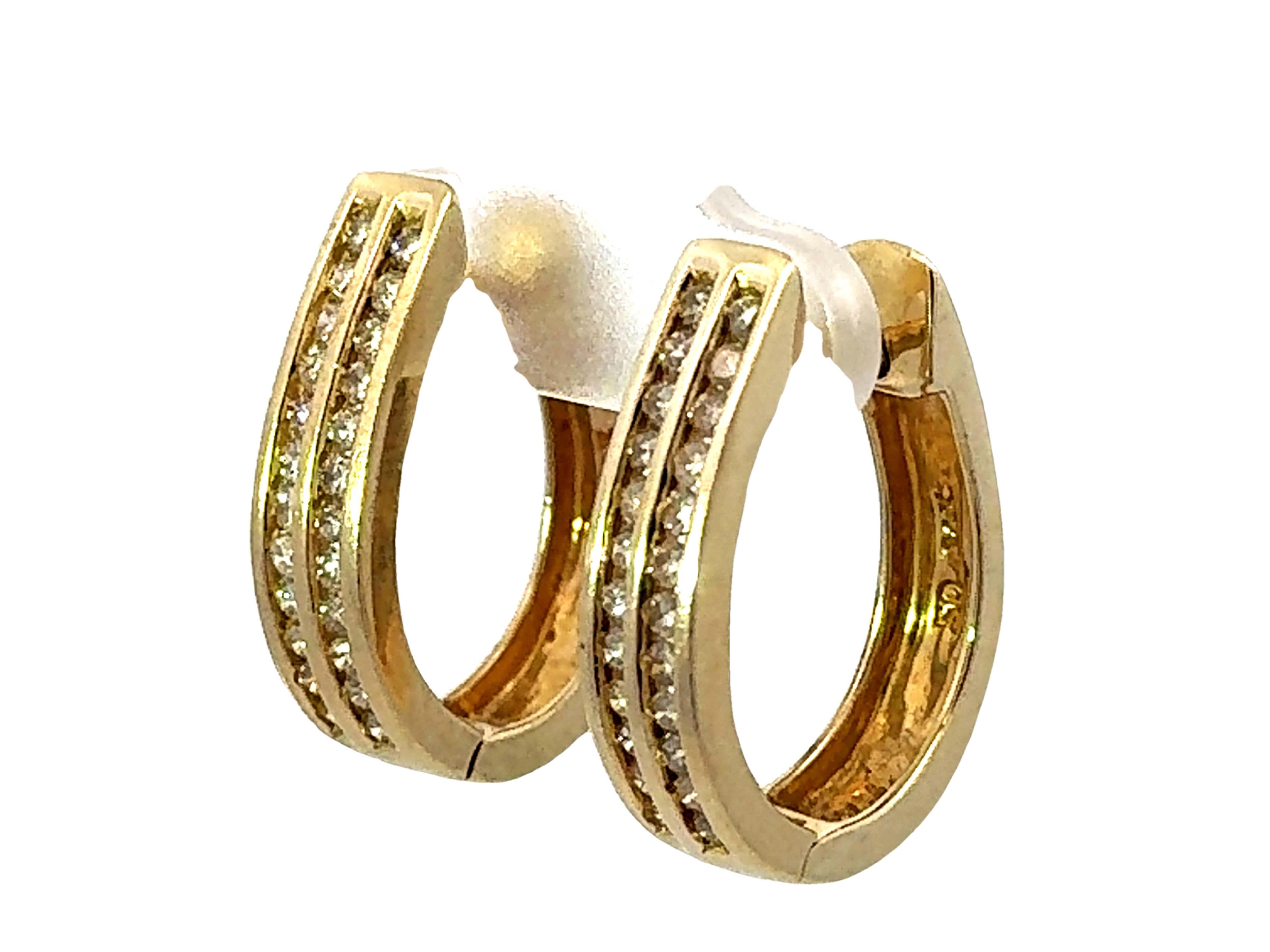 Taille brillant Créoles champagne ovales en or jaune 14 carats massif en vente