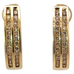 Champagne Diamond Oval Hoop Earrings Solid 14K Yellow Gold