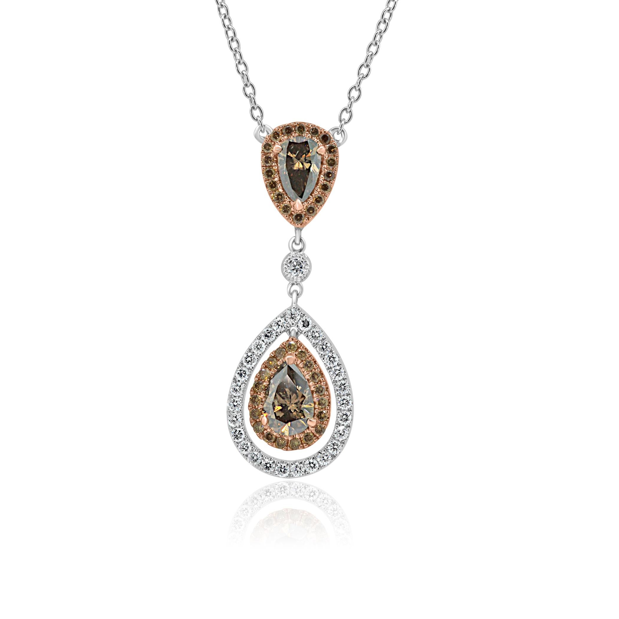 Stunning 2 Cognac Diamond Pear SI Clarity 1.30 Carat encircled in a Double Halo of Champagne Diamond Round Brilliant SI Clarity 0.70 Carat and White G-H Color VS-SI clarity Diamond Round Brilliant 0.45 Carat in Gorgeous 18K White and Rose gold Drop