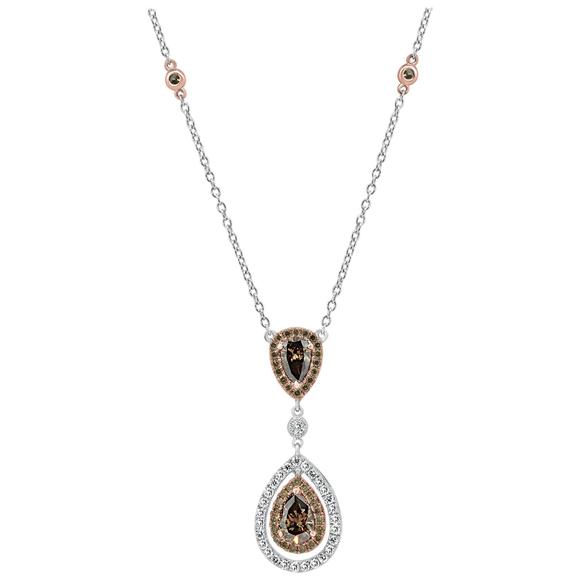 Cognac Diamond Pear Double Halo Two-Color 18K Gold Drop Chain Necklace