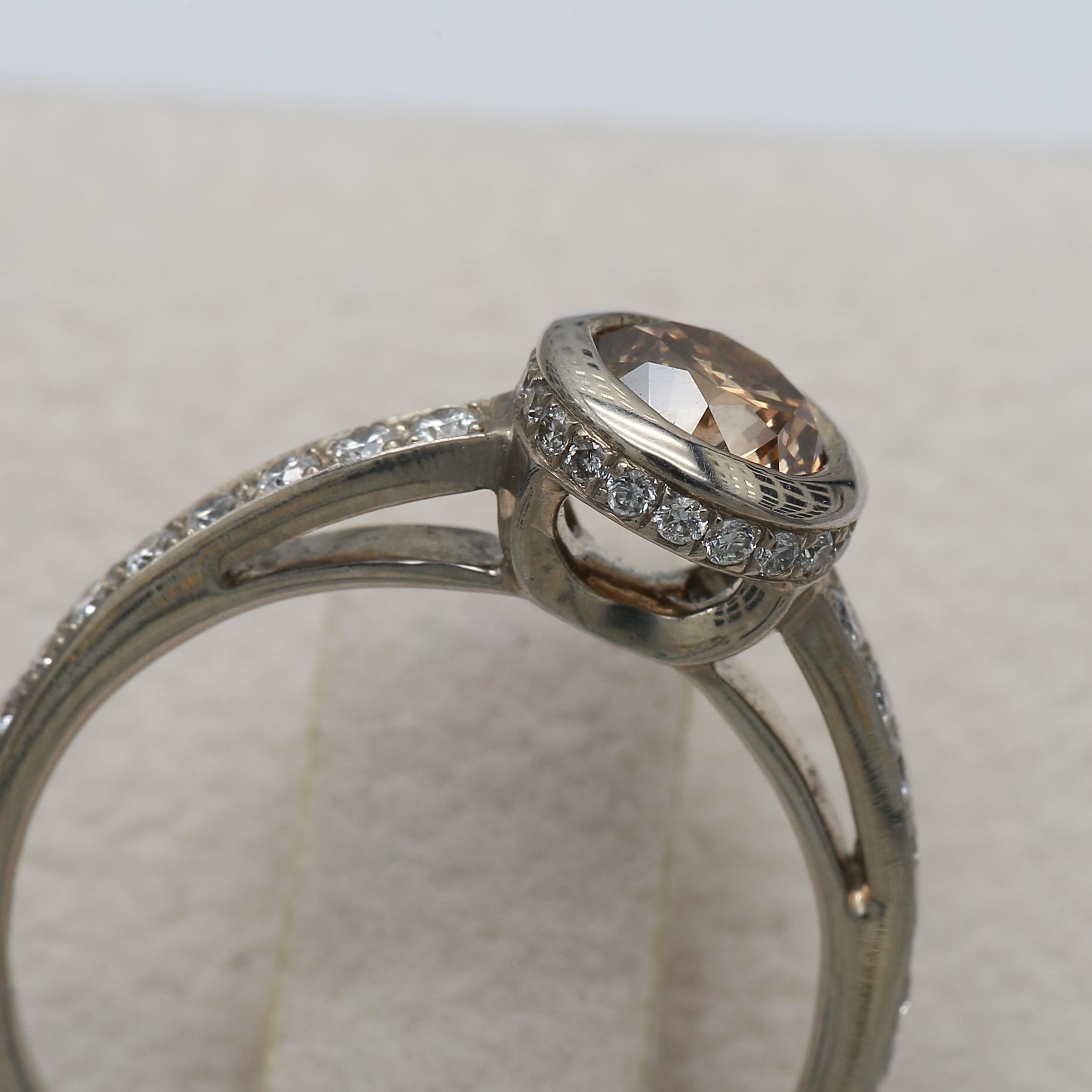 Champagne Diamond with Diamond Halo Ring in 18K White Gold For Sale 2
