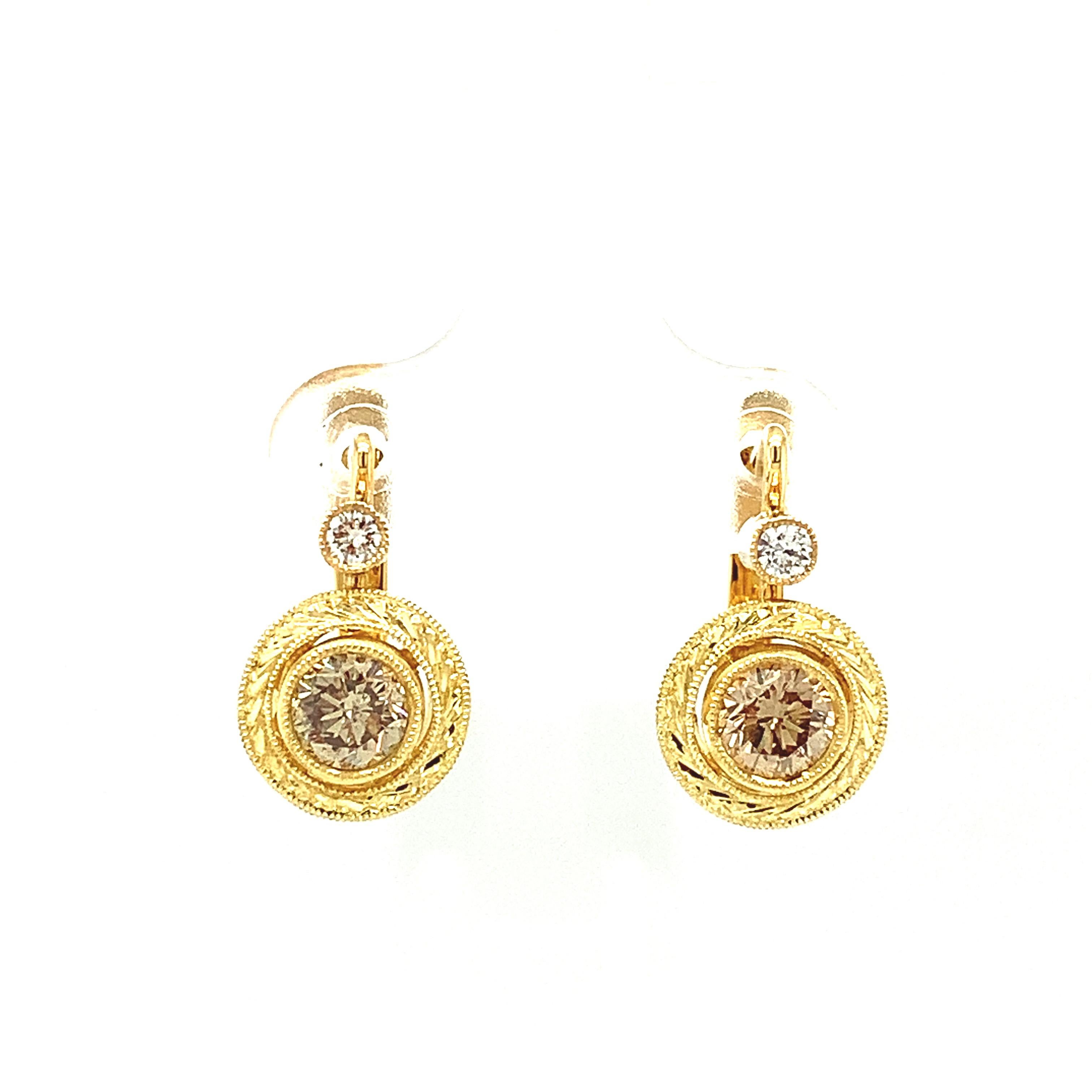 Champagne Diamond Yellow Gold Lever Back Engraved Bezel Set Drop Earrings  4