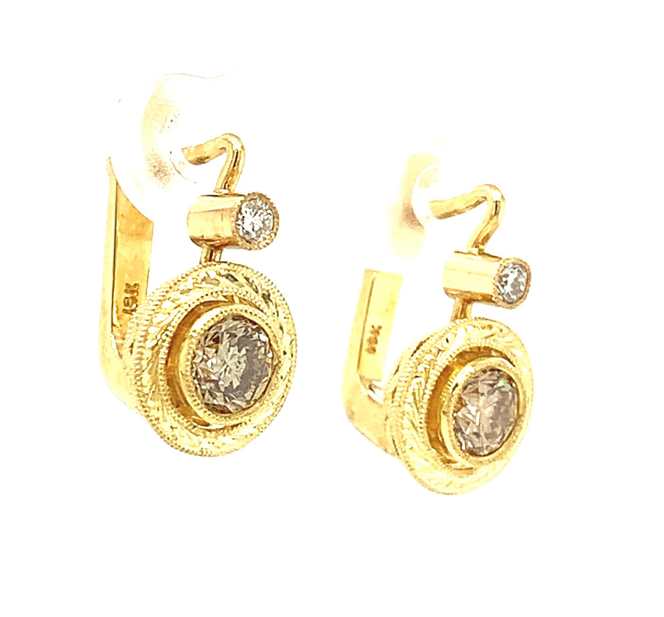 Artisan Champagne Diamond Yellow Gold Lever Back Engraved Bezel Set Drop Earrings 