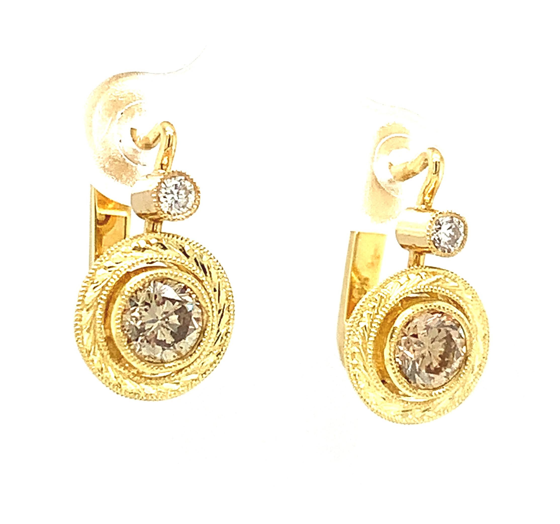 Champagne Diamond Yellow Gold Lever Back Engraved Bezel Set Drop Earrings  In New Condition In Los Angeles, CA