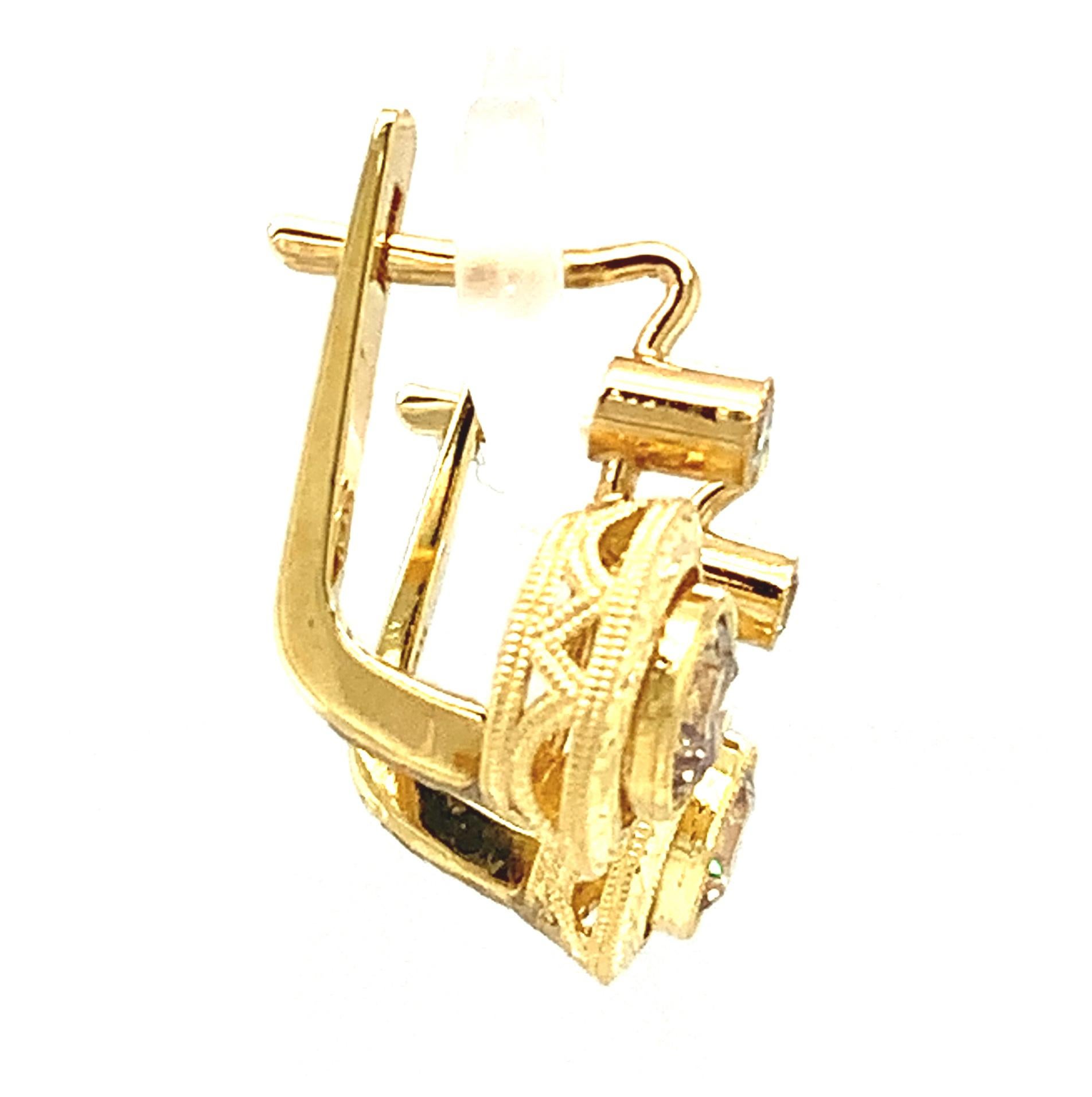 Champagne Diamond Yellow Gold Lever Back Engraved Bezel Set Drop Earrings  1