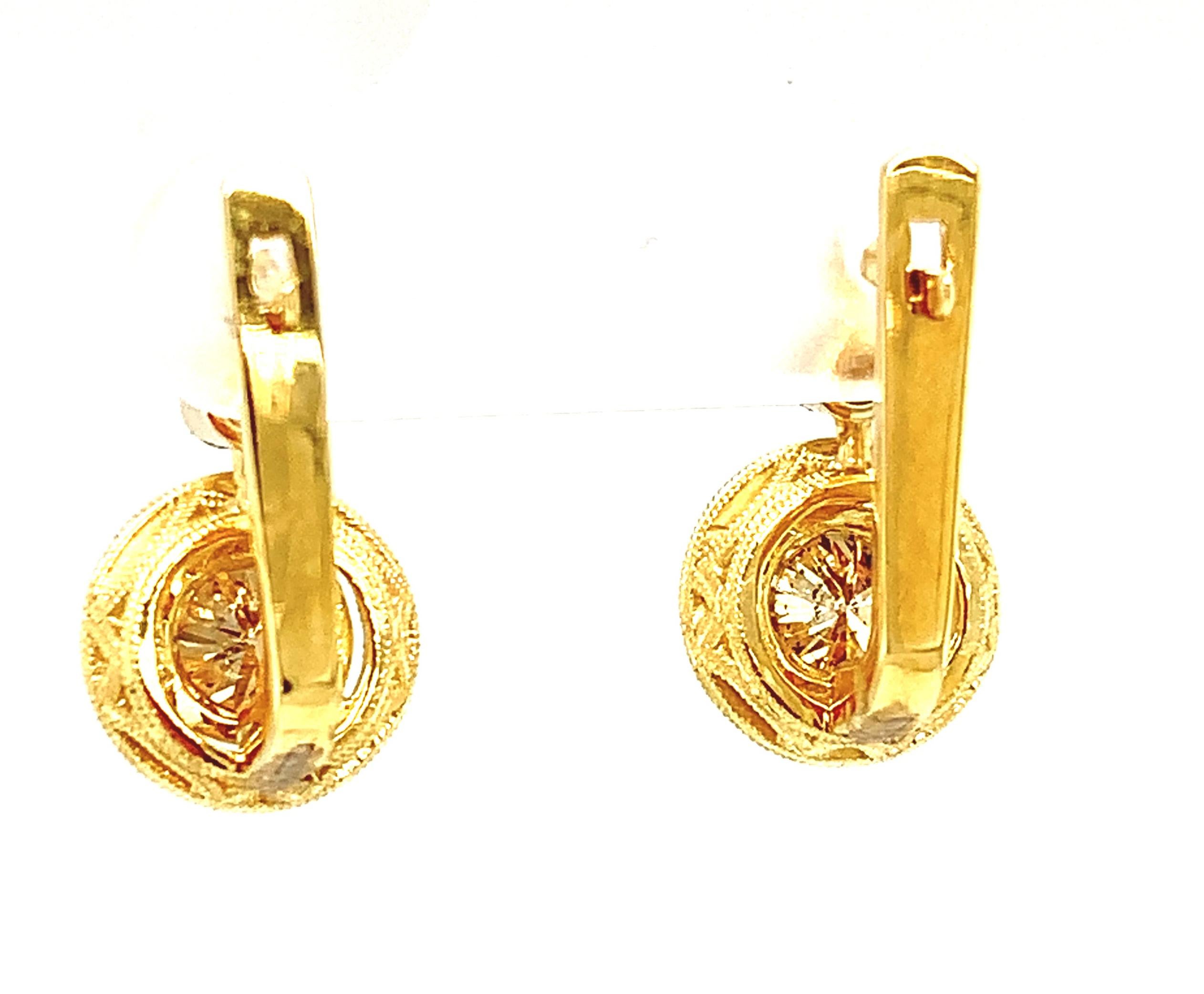 Champagne Diamond Yellow Gold Lever Back Engraved Bezel Set Drop Earrings  2